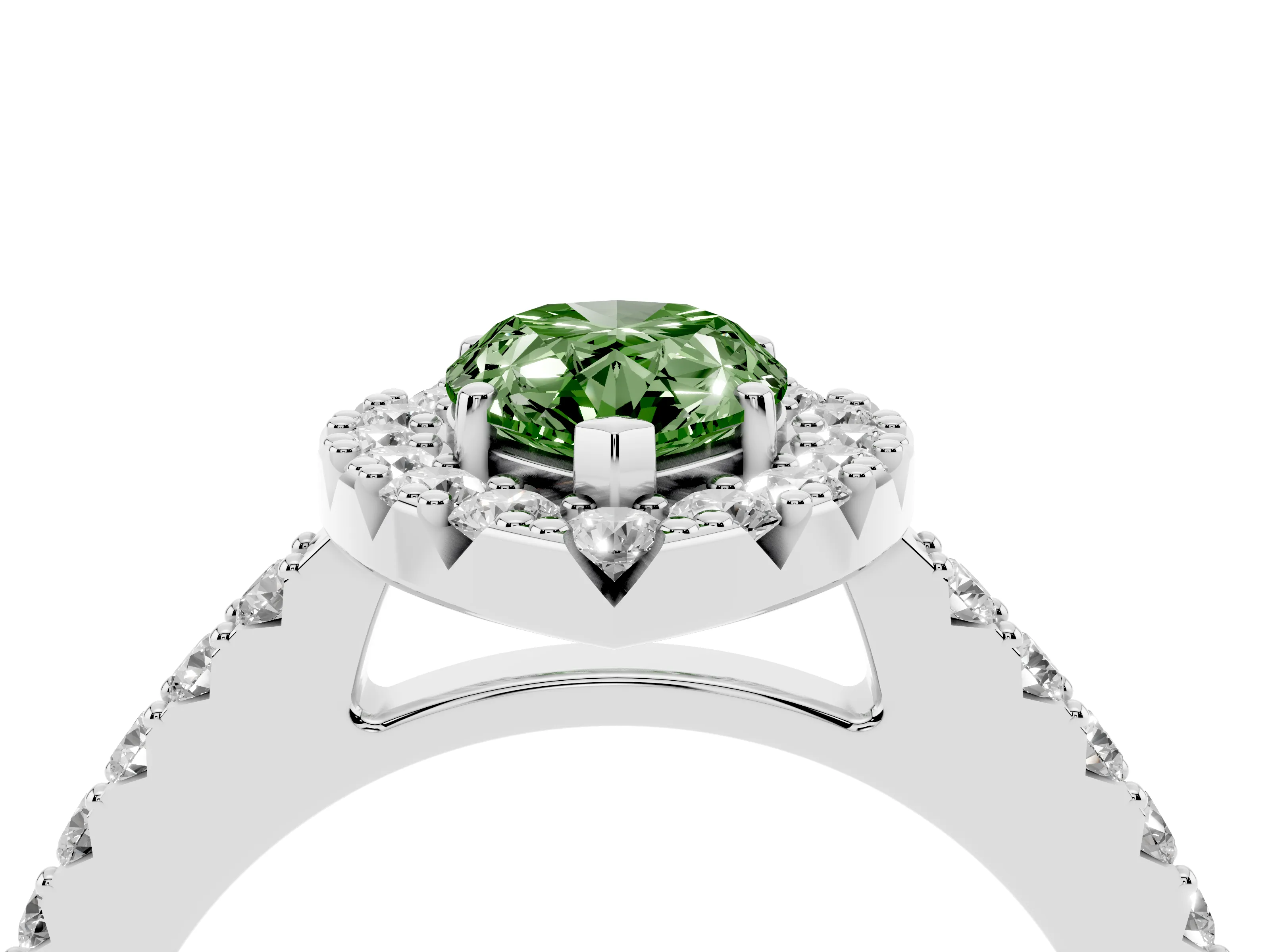 Fancy Green Pear Cut Diamond Halo Pavé Solitaire Ring Set in White gold with Prong-Set Center Stone