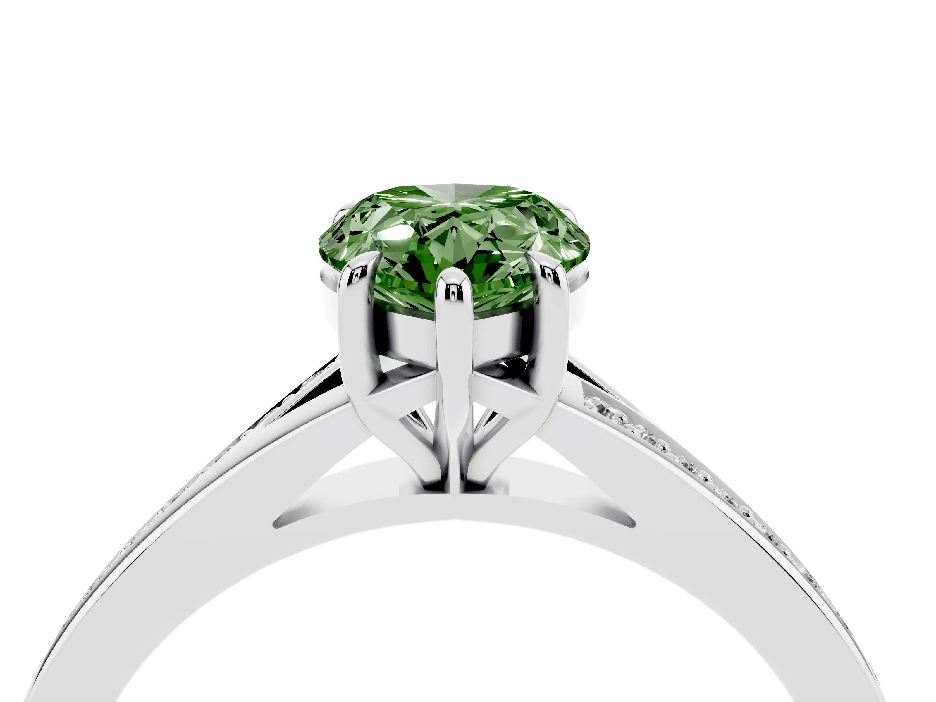 Fancy Green Pear Cut Diamond Solitaire Ring Set in White gold with Pavé Accent Band and Classic Prong Setting