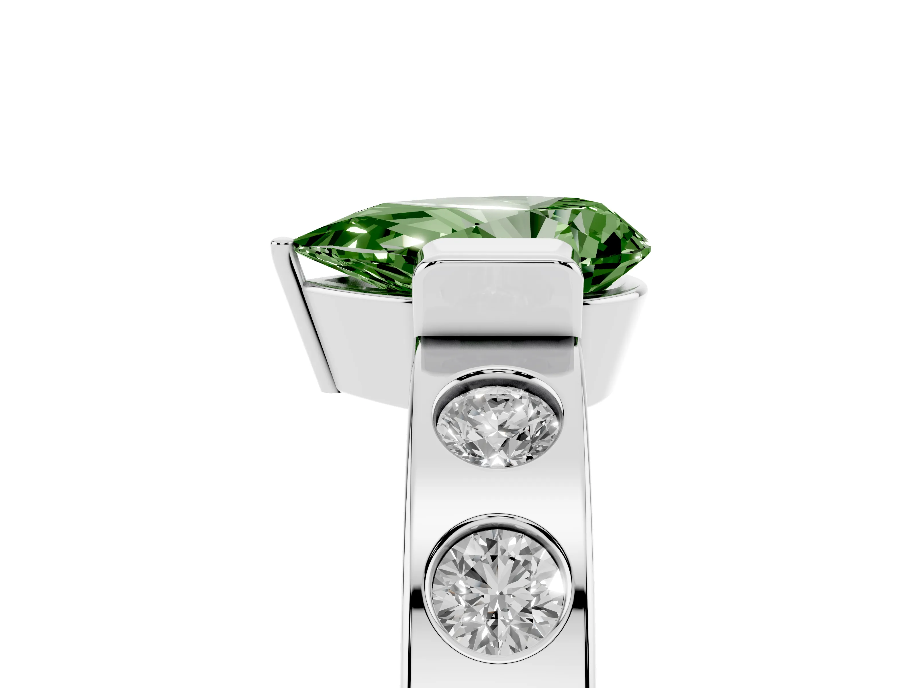 Fancy Green Pear Cut Diamond Channel-Set Band Ring Set in Silver with Bezel Prong Setting