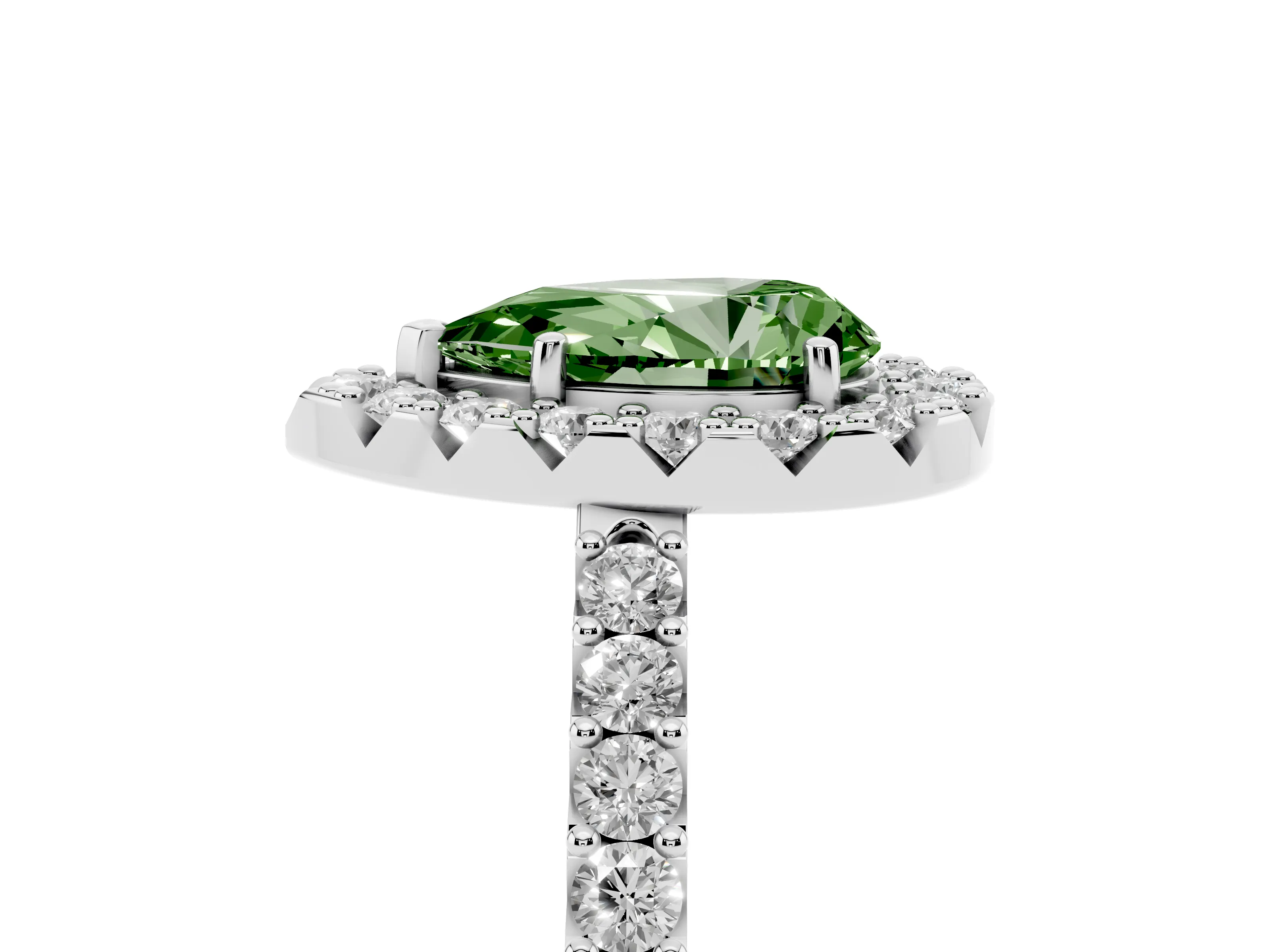 Fancy Green Pear Cut Diamond Halo Pavé Solitaire Ring Set in White gold with Prong-Set Center Stone