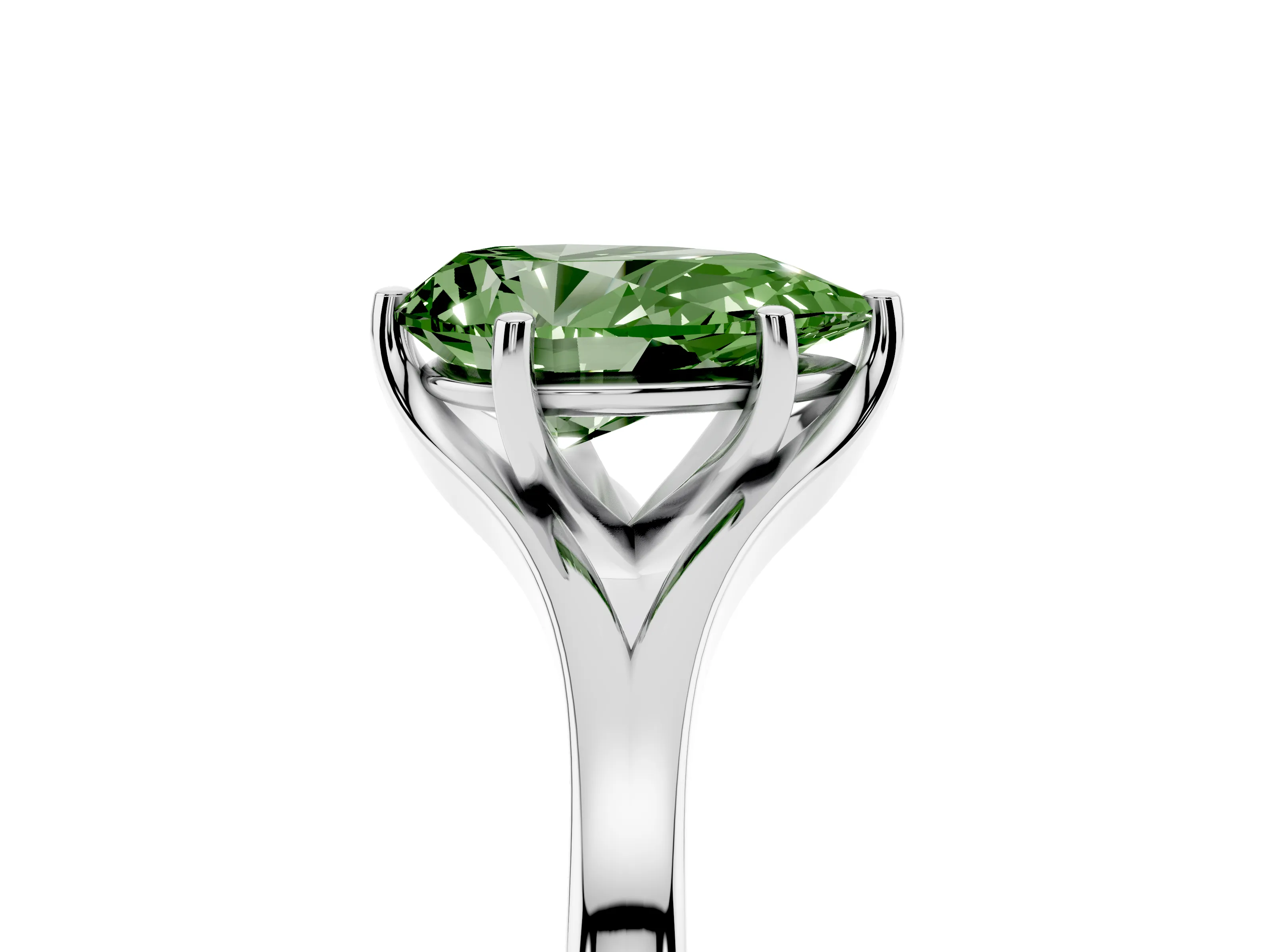 Fancy Green Pear Cut Diamond Solitaire Ring Set in Silver with Polished Tapered Band and Prong Setting