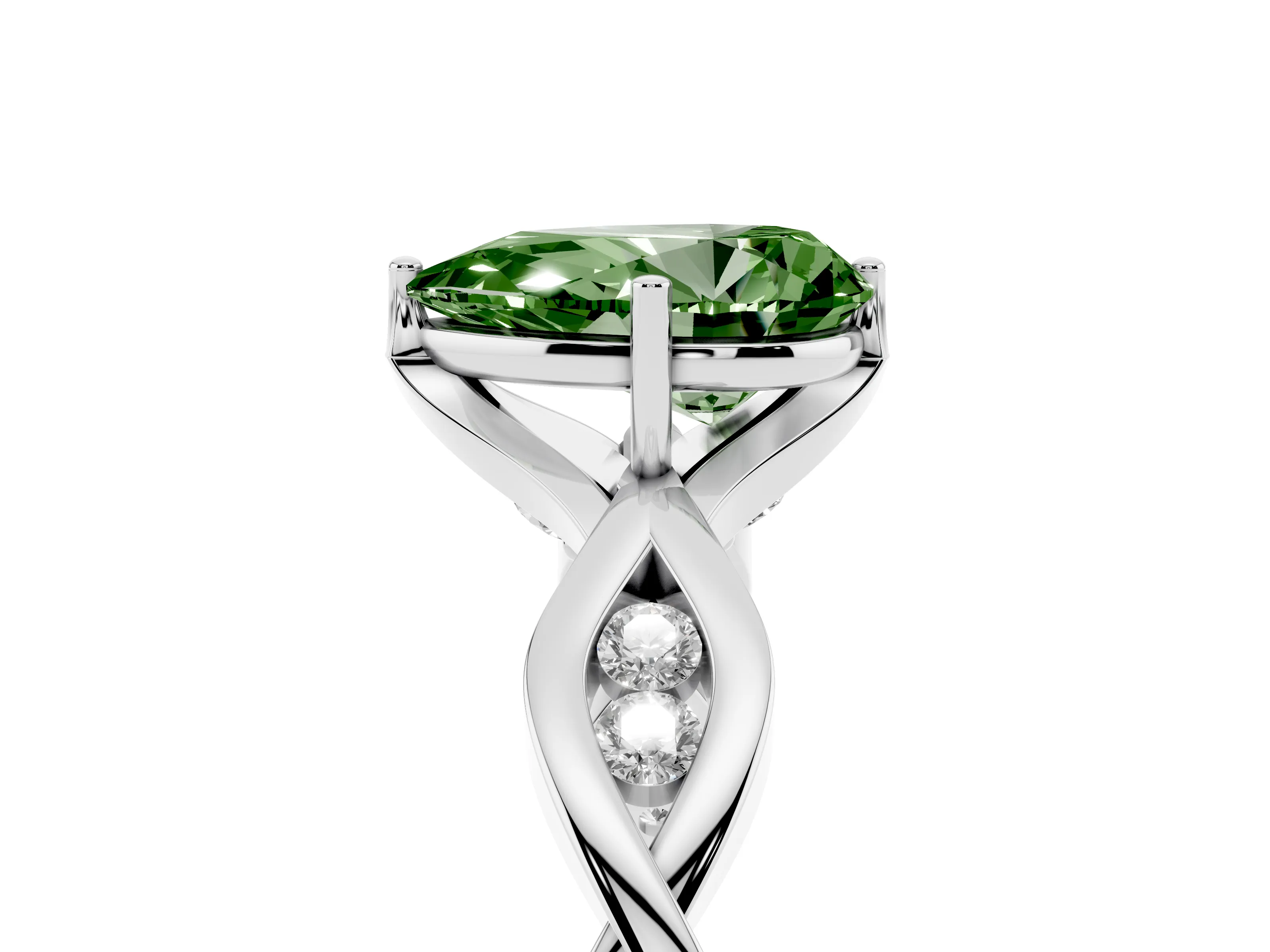 Fancy Green Pear Cut Diamond Twist Band Solitaire Ring Set in Platinum with Leaf Prong Setting and Accent Stones