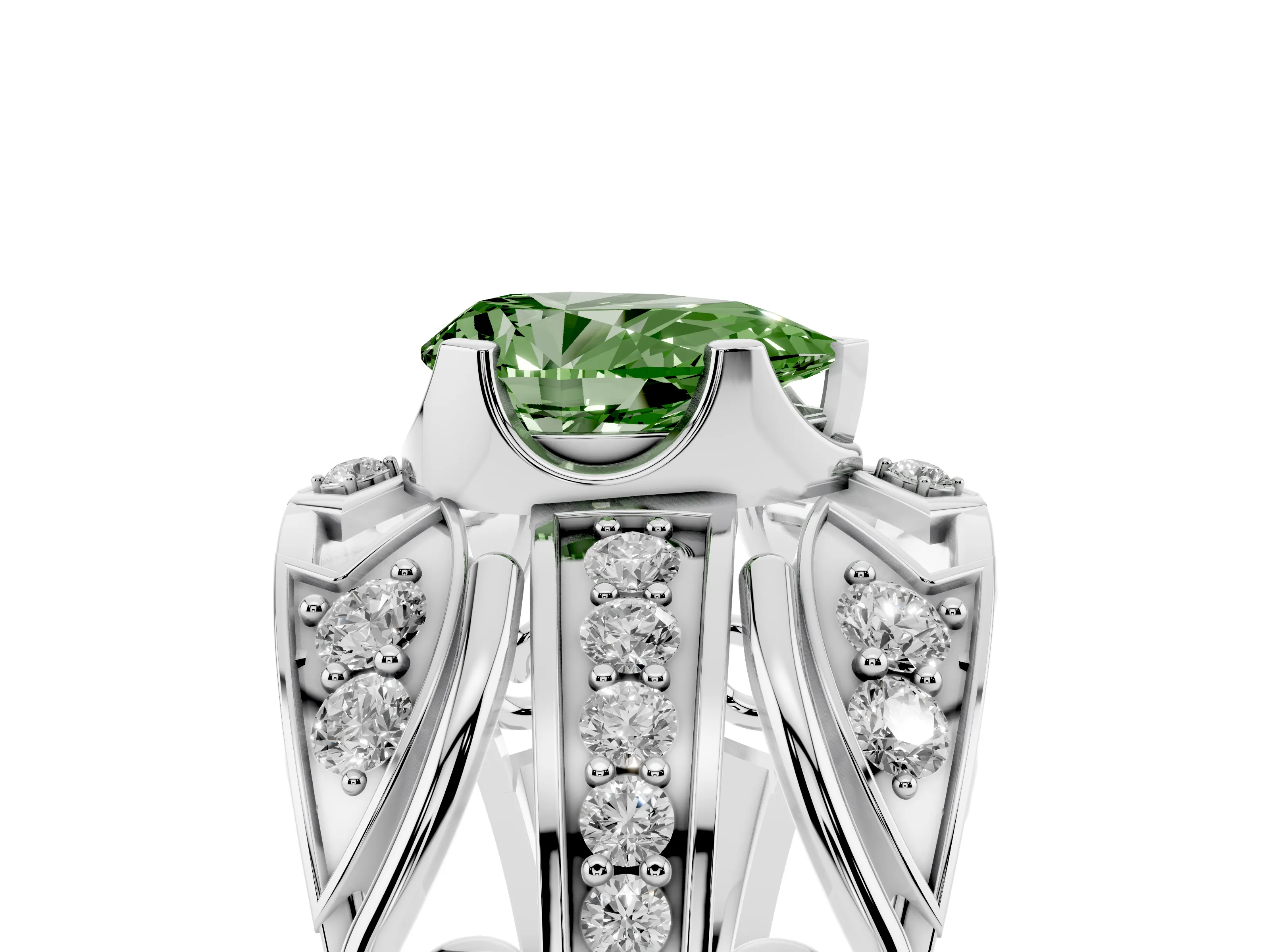 Fancy Green Pear Cut Diamond Art Deco Ring Set in Platinum with Pavé Split Shank