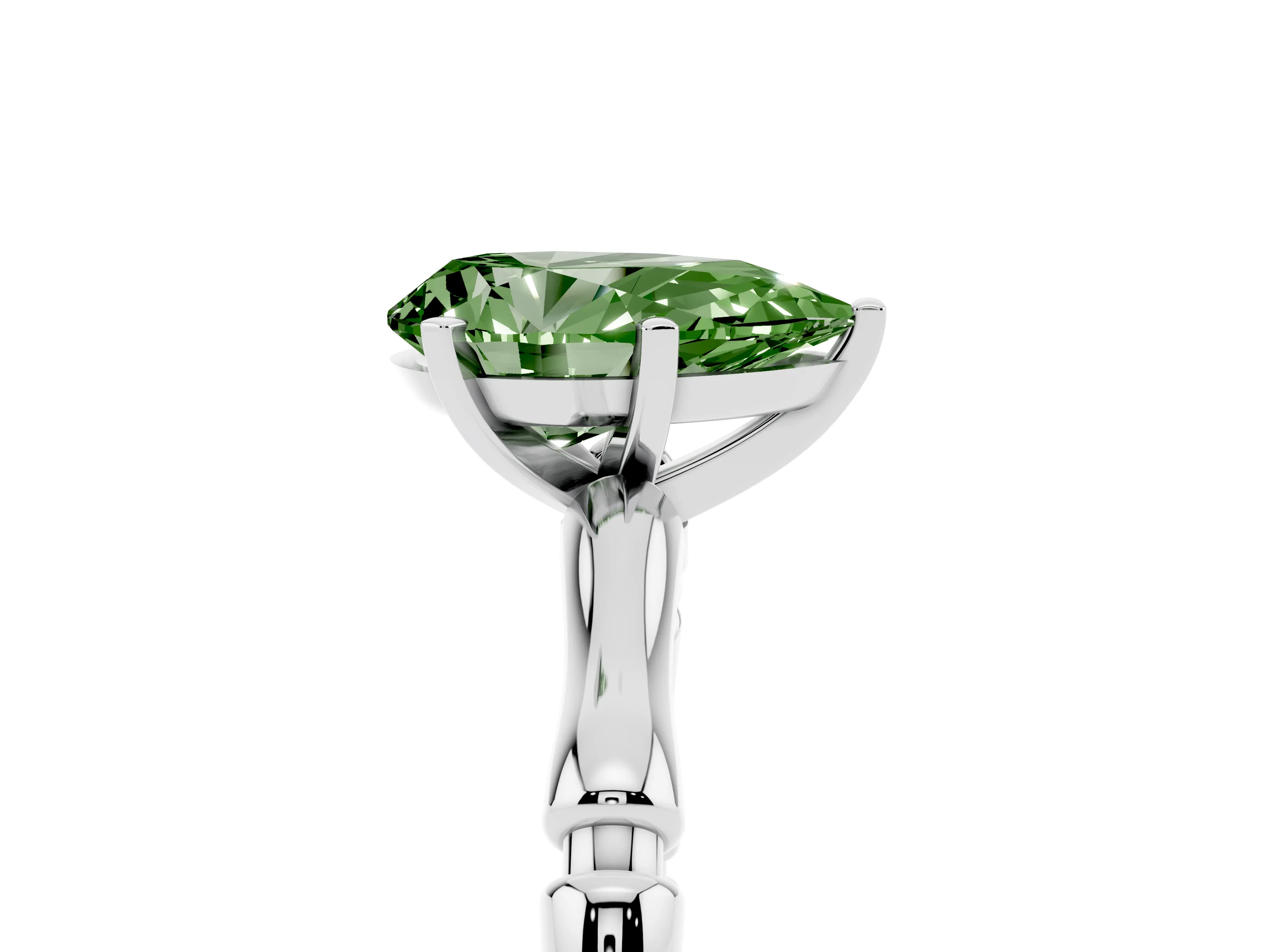 Fancy Green Pear Cut Diamond Solitaire Ring Set in Silver with Bamboo Band and Prong Setting