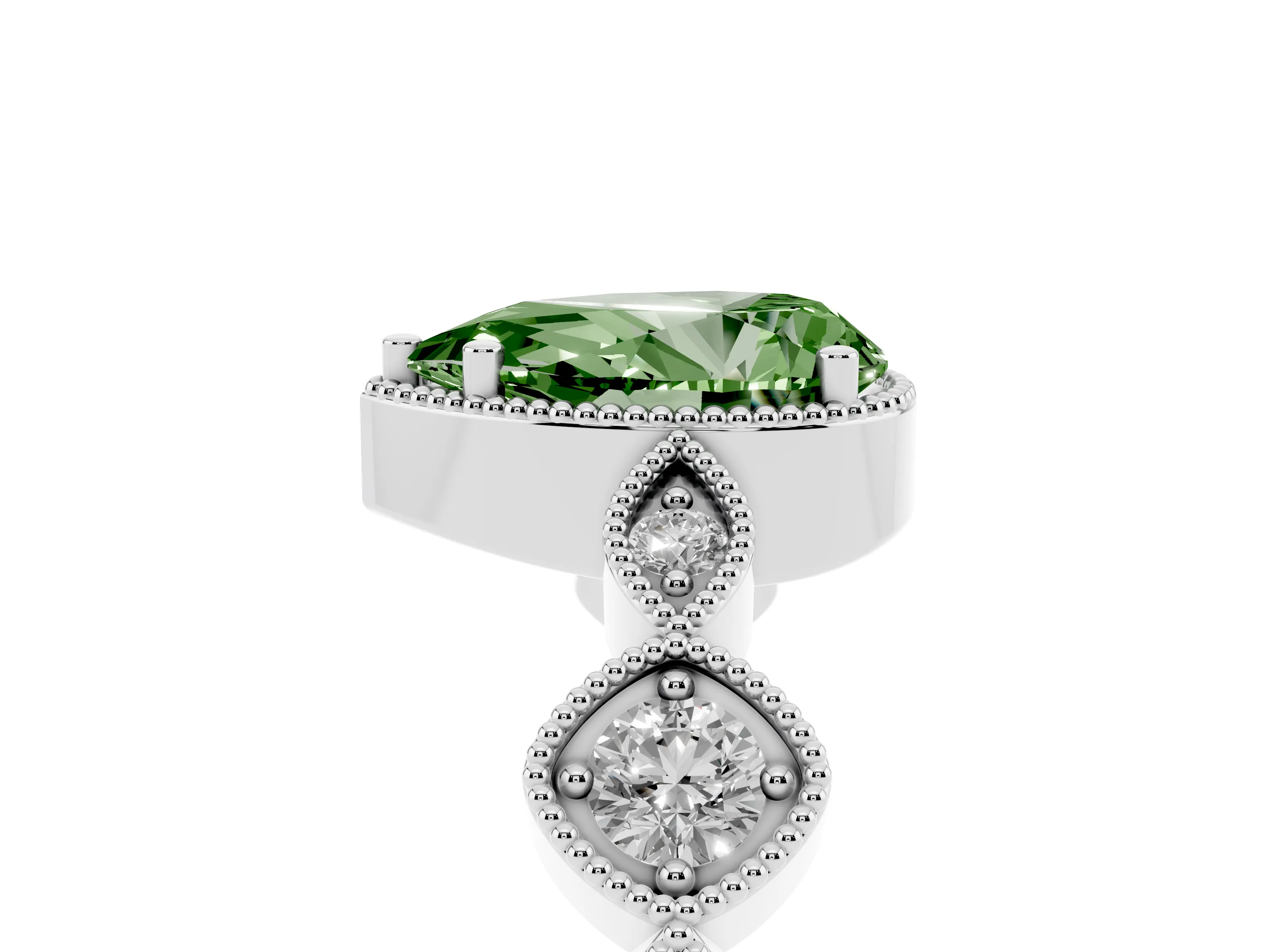 Fancy Green Pear Cut Diamond Vintage-Inspired Milgrain Ring Set in Platinum with Marquise Stations of Round Accents