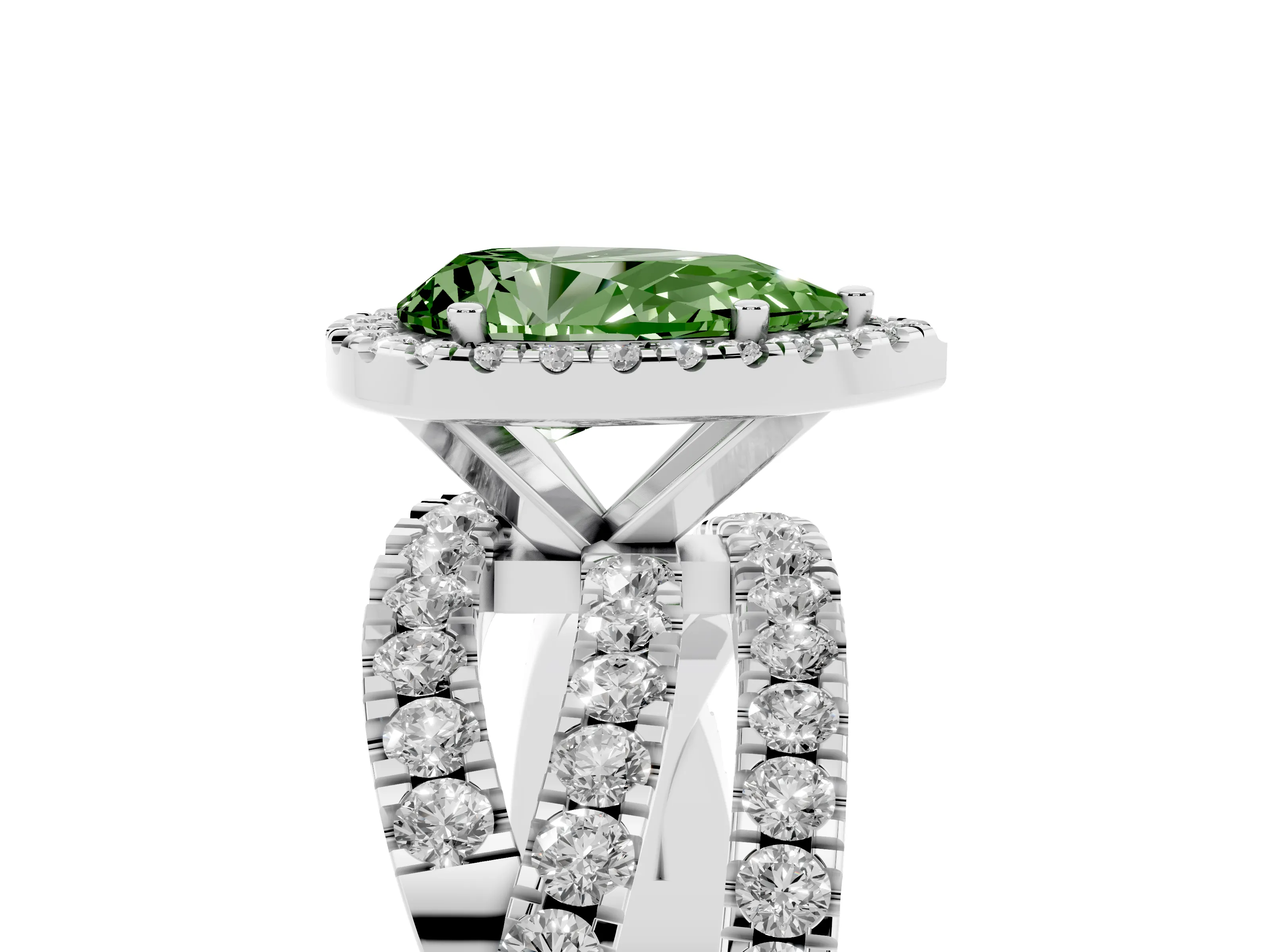 Fancy Green Pear Cut Diamond Halo Ring Set in Platinum with Round Crossover Split Shank and Prong Setting