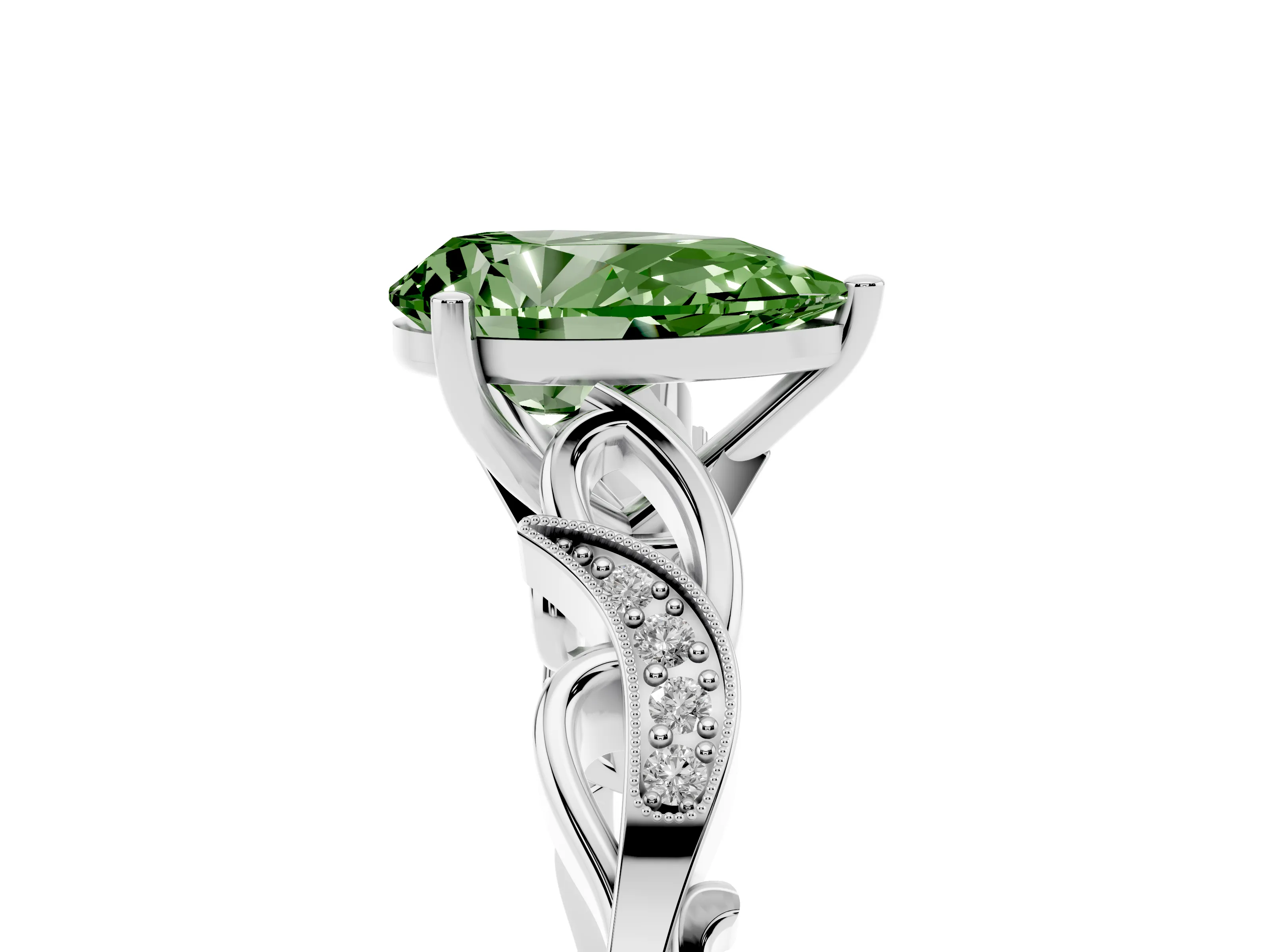 Fancy Green Pear Cut Diamond Vine Band Solitaire Ring Set in White gold with Milgrain Prong Setting