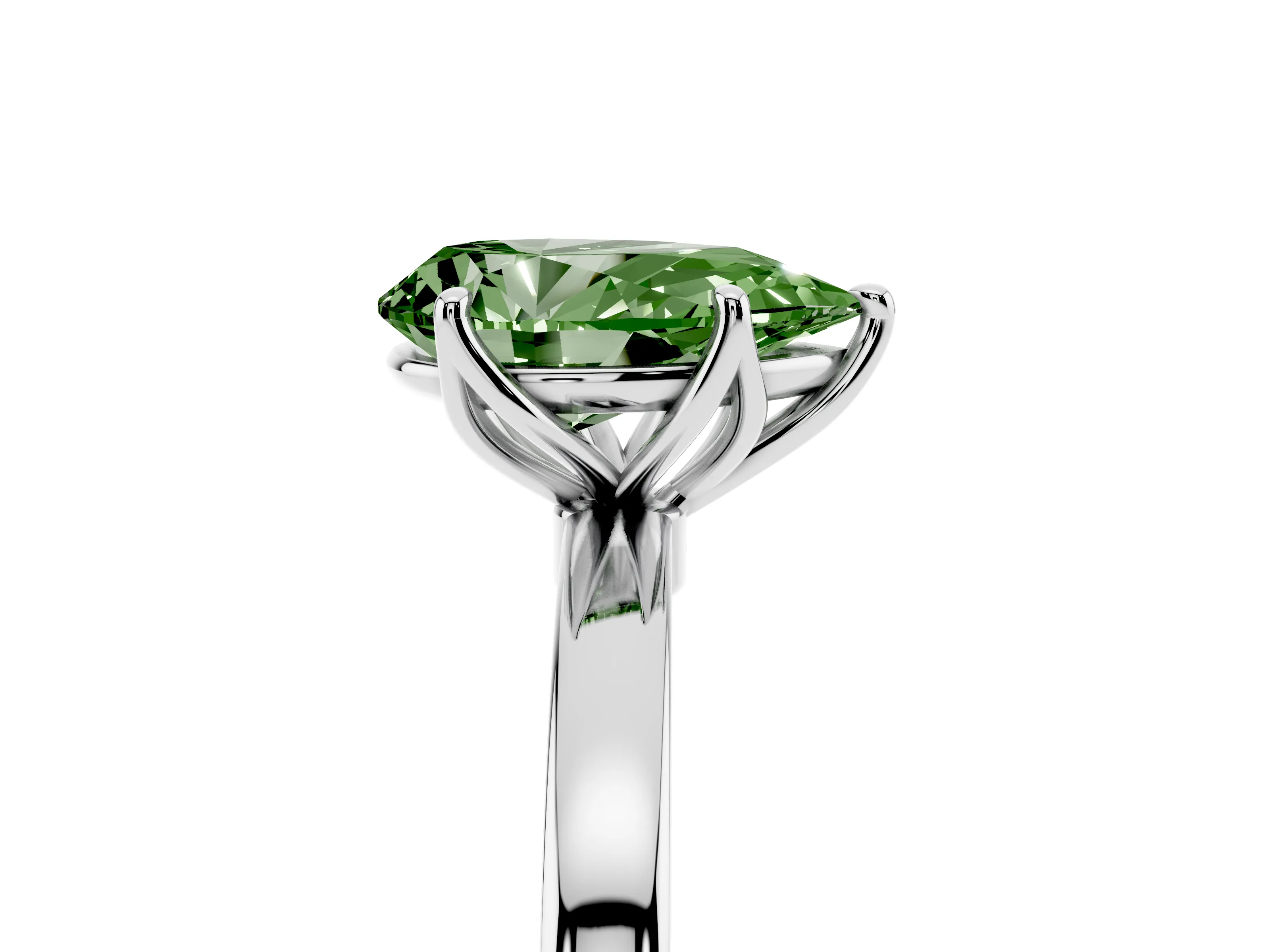 Fancy Green Pear Cut Diamond Solitaire Ring Set in Platinum with Prong Setting and Thin Polished Band