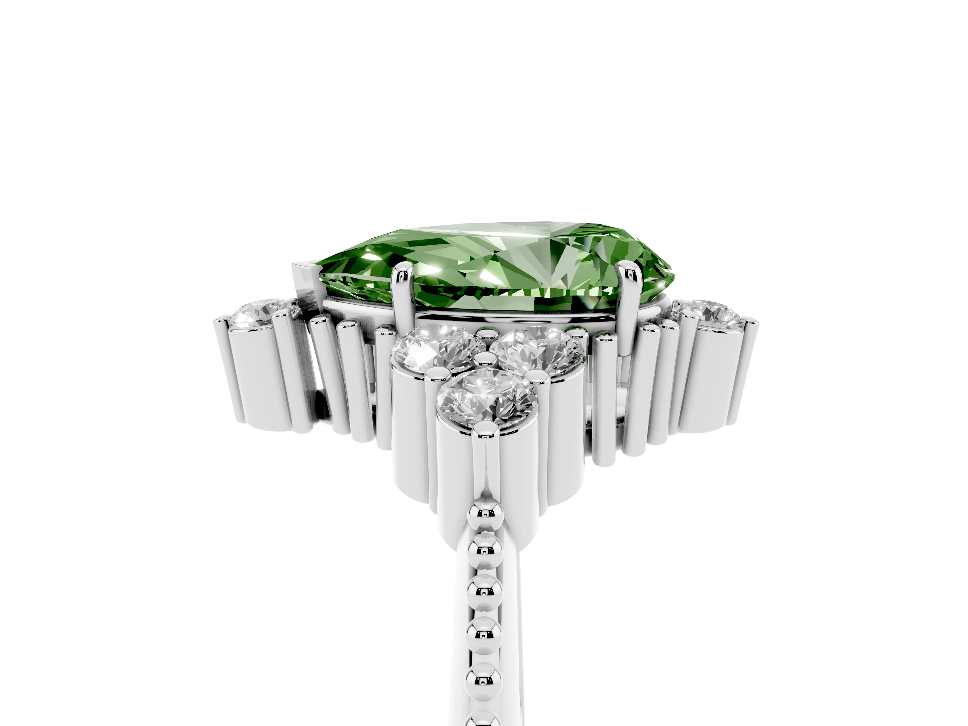 Fancy Green Pear Cut Diamond Cluster Ring Set in Silver with Beaded Band
