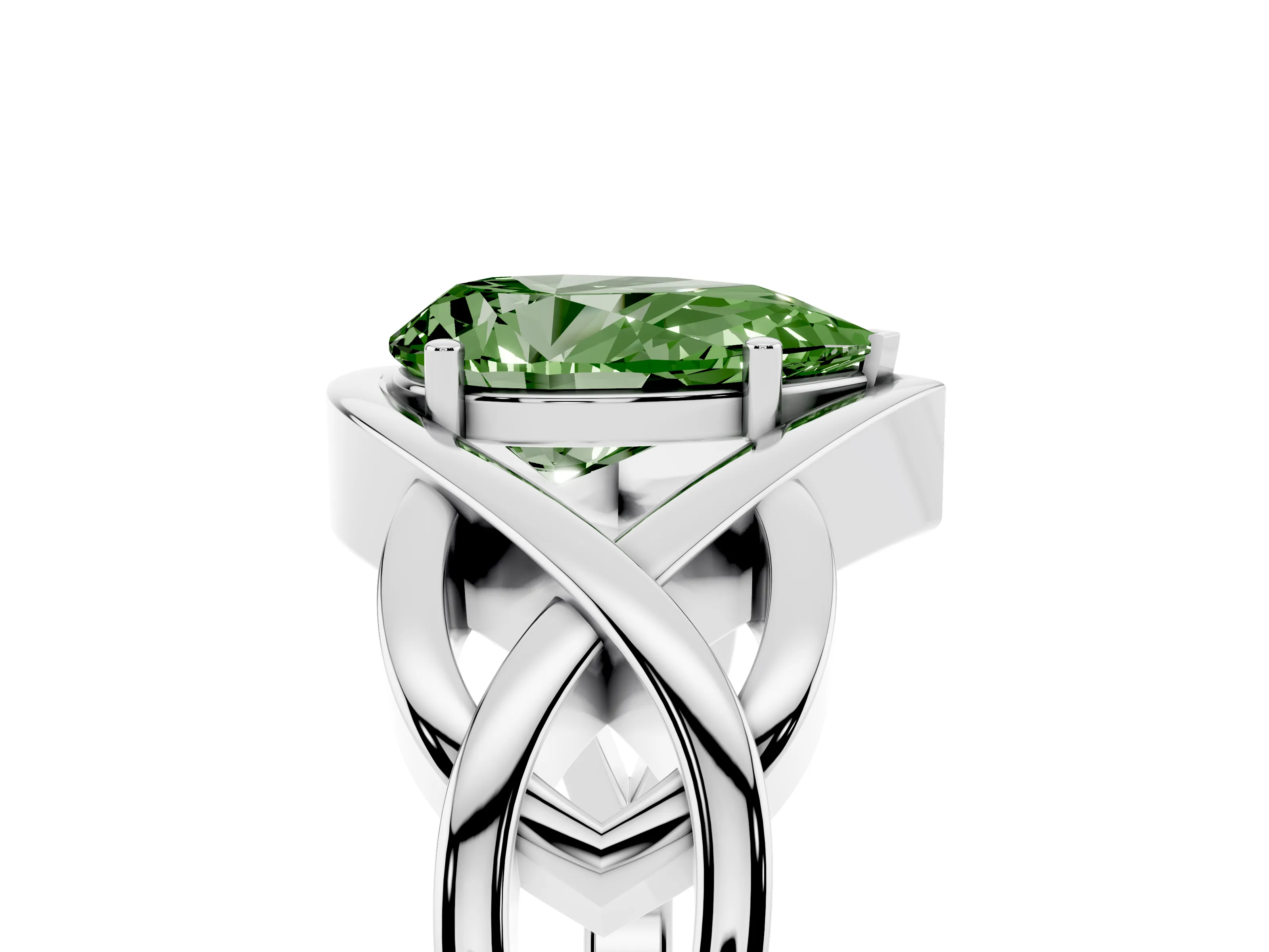 Fancy Green Pear Cut Diamond Solitaire Ring Set in Platinum with Intertwined Band