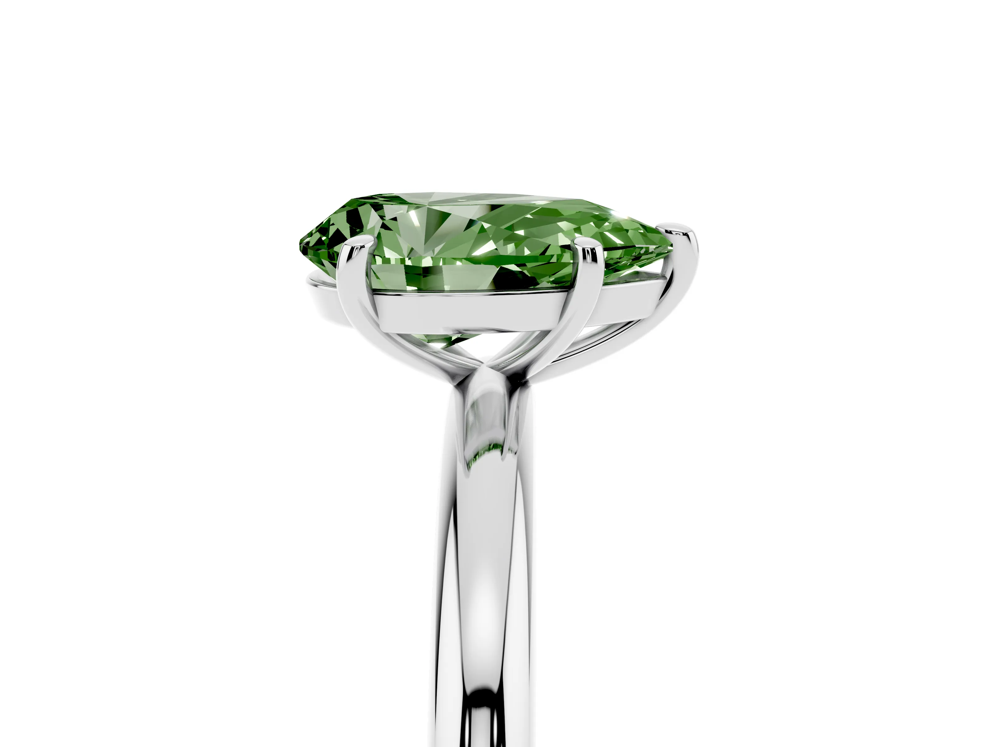 Fancy Green Pear Cut Diamond Solitaire Ring Set in White gold with Prong Setting on a Polished Plain Band