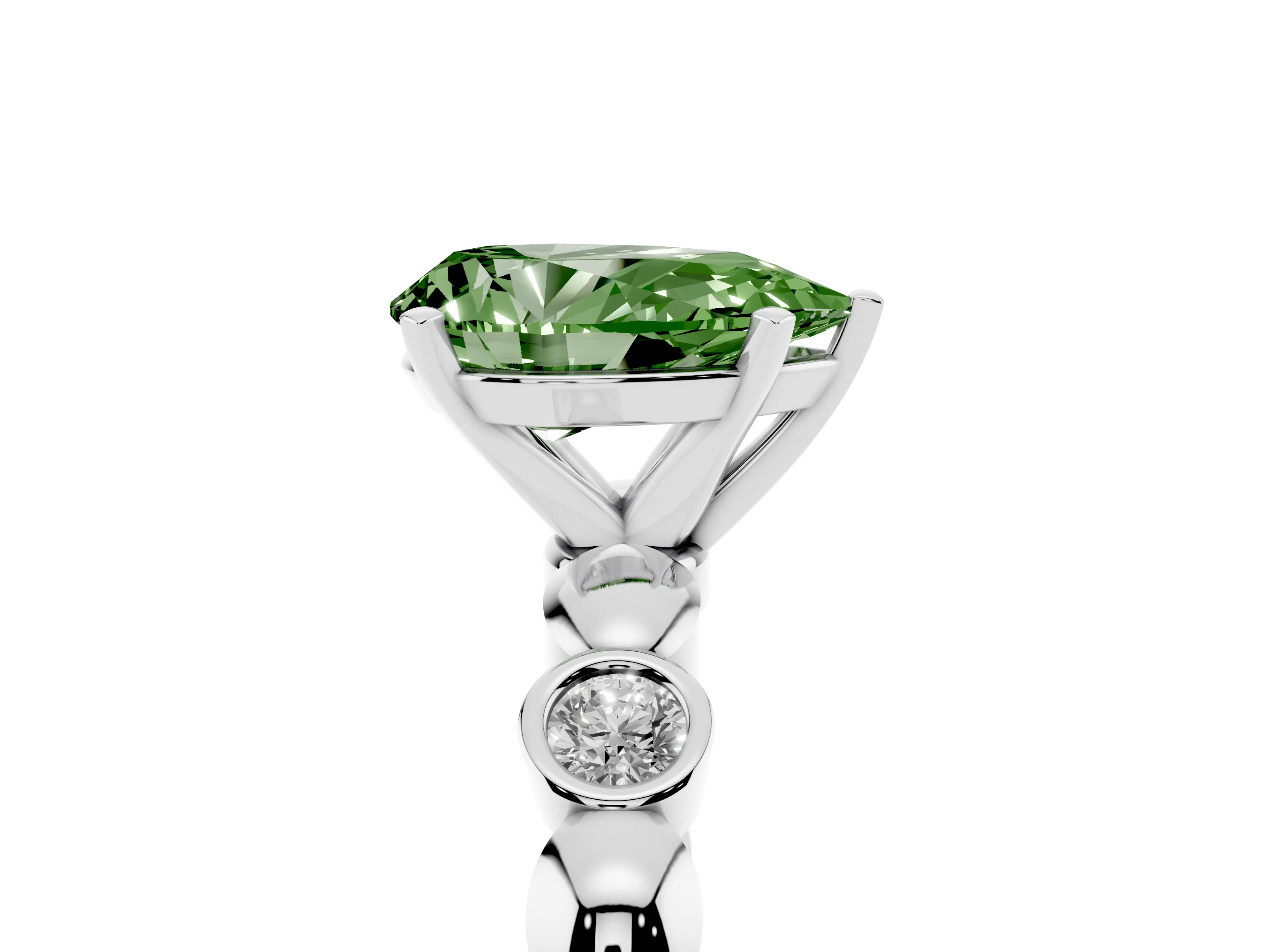 Fancy Green Pear Cut Diamond Solitaire Ring Set in Silver with Bezel-Set Accents on Beaded Band and Prong Setting