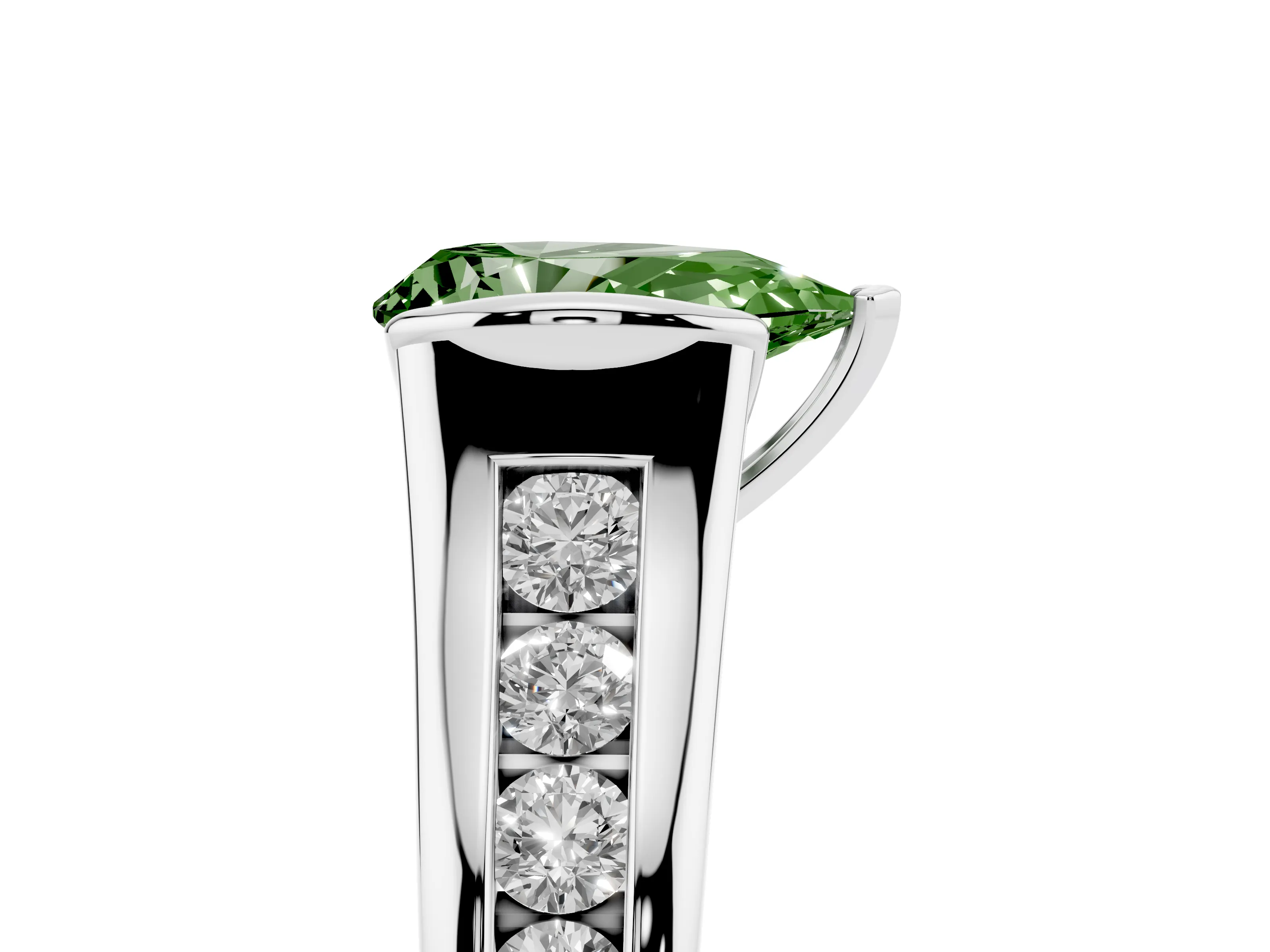 Fancy Green Pear Cut Diamond Bezel-Set Solitaire Ring Set in Silver with Channel-Set Band