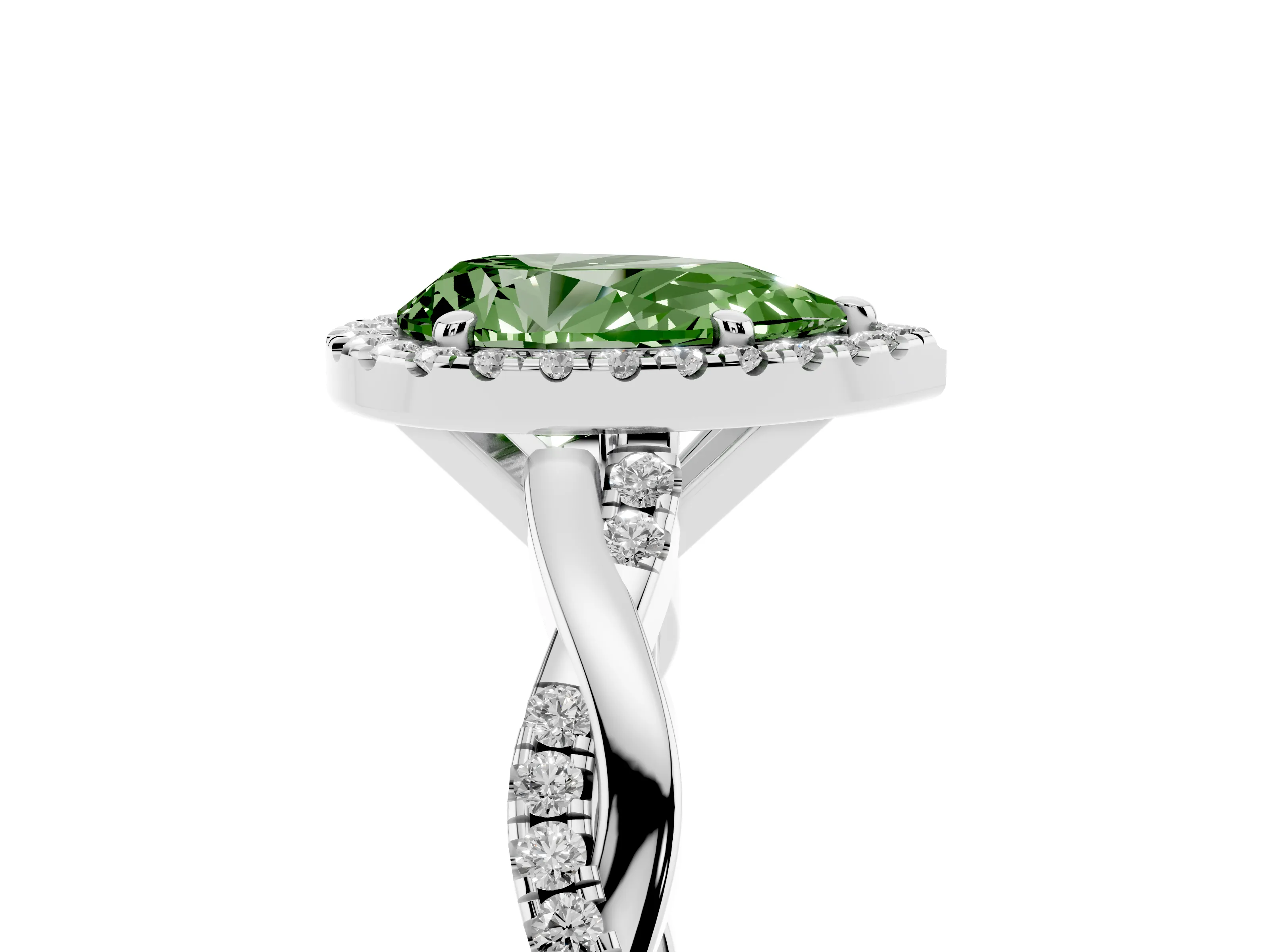 Fancy Green Pear Cut Diamond Halo Twisted Band Ring Set in Platinum with Prong Setting