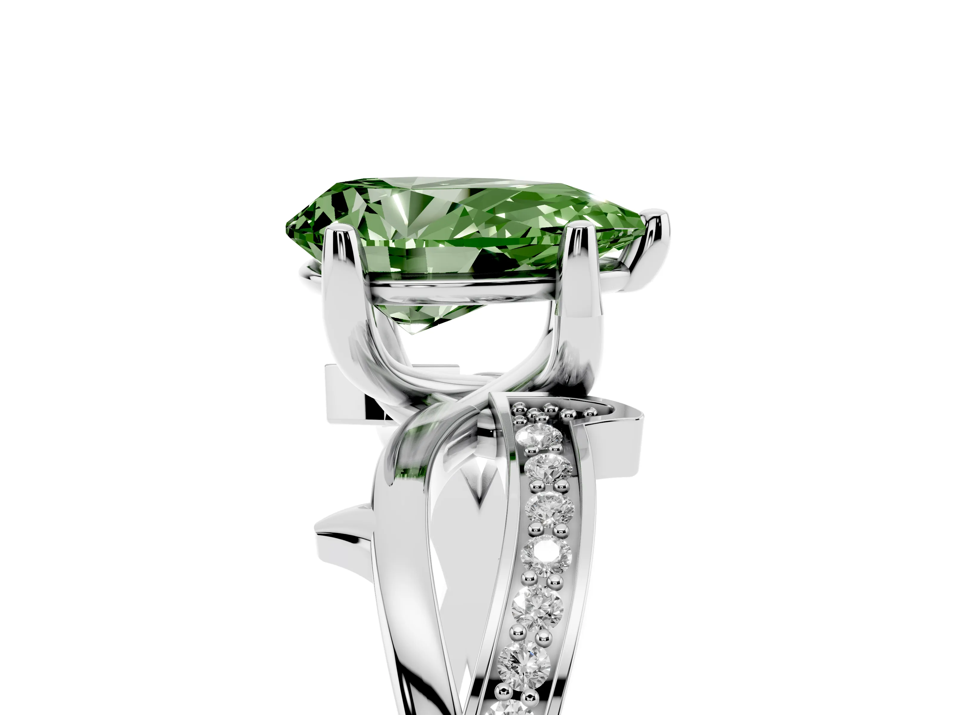 Fancy Green Pear Cut Diamond Pavé Twist Band Solitaire Ring Set in Silver with Prong Setting