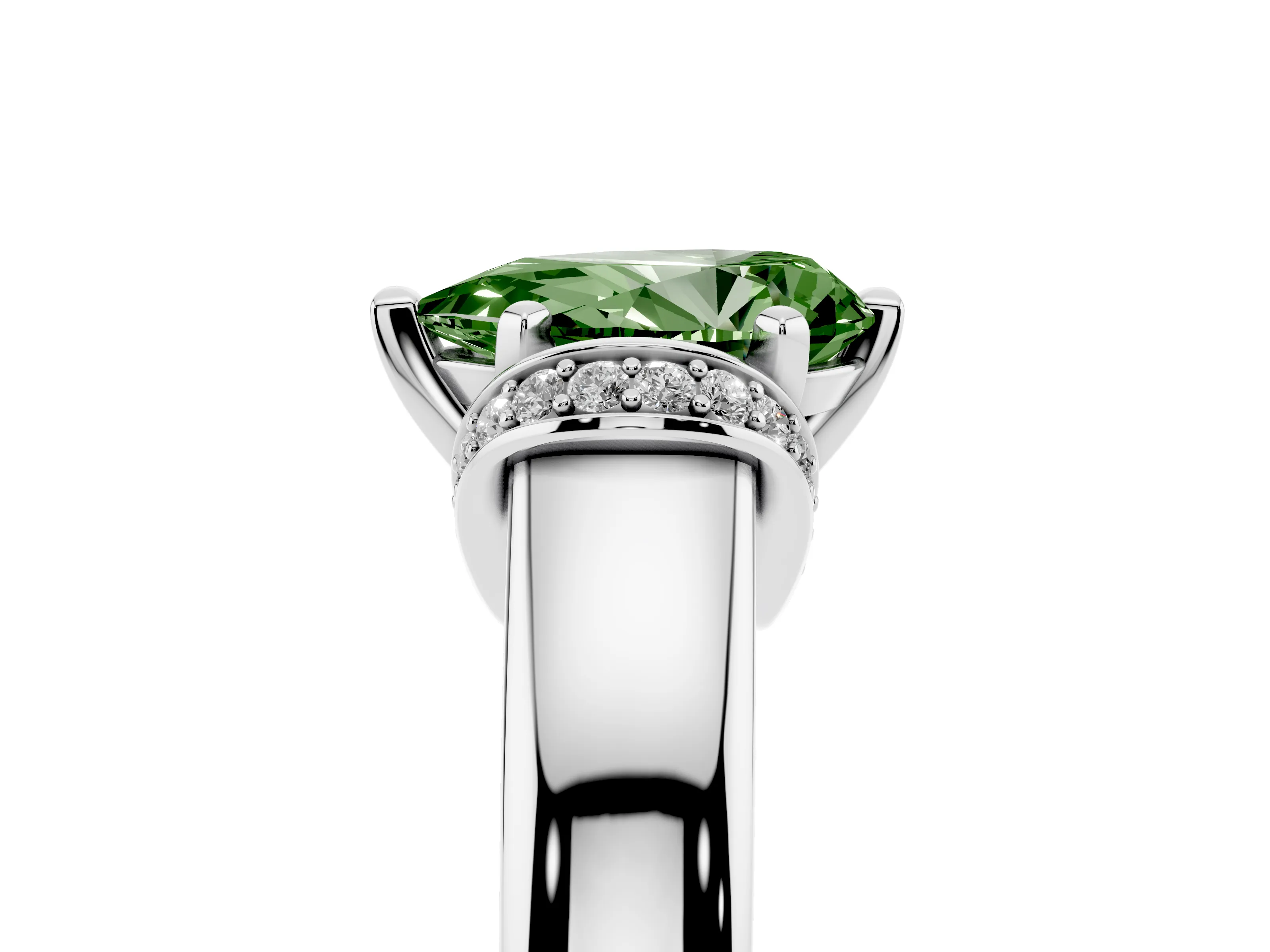 Fancy Green Pear Cut Diamond Pavé Band Solitaire Ring Set in Platinum with Prong Setting