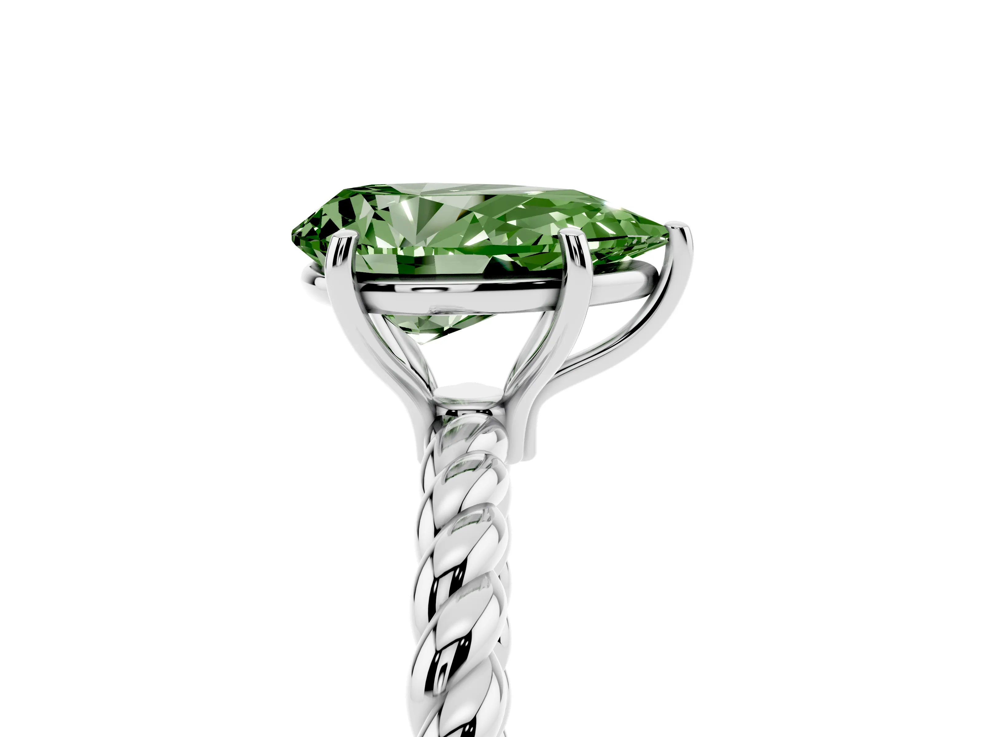 Fancy Green Pear Cut Diamond Solitaire Ring Set in White gold with Twist Band and Prong Setting