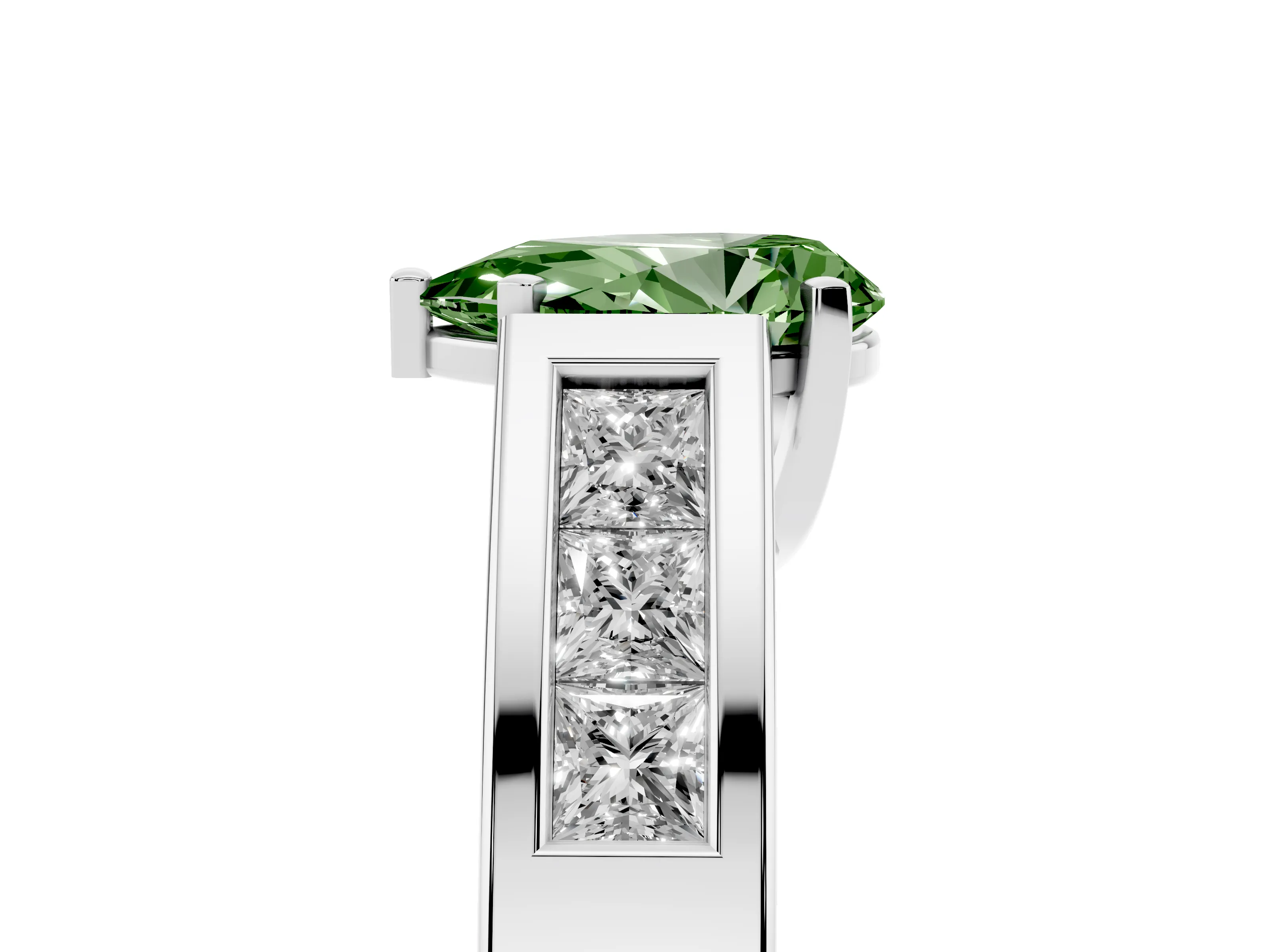 Fancy Green Pear Cut Diamond Solitaire Ring Set in Platinum with Channel-Set Accent Stones and Prong Setting