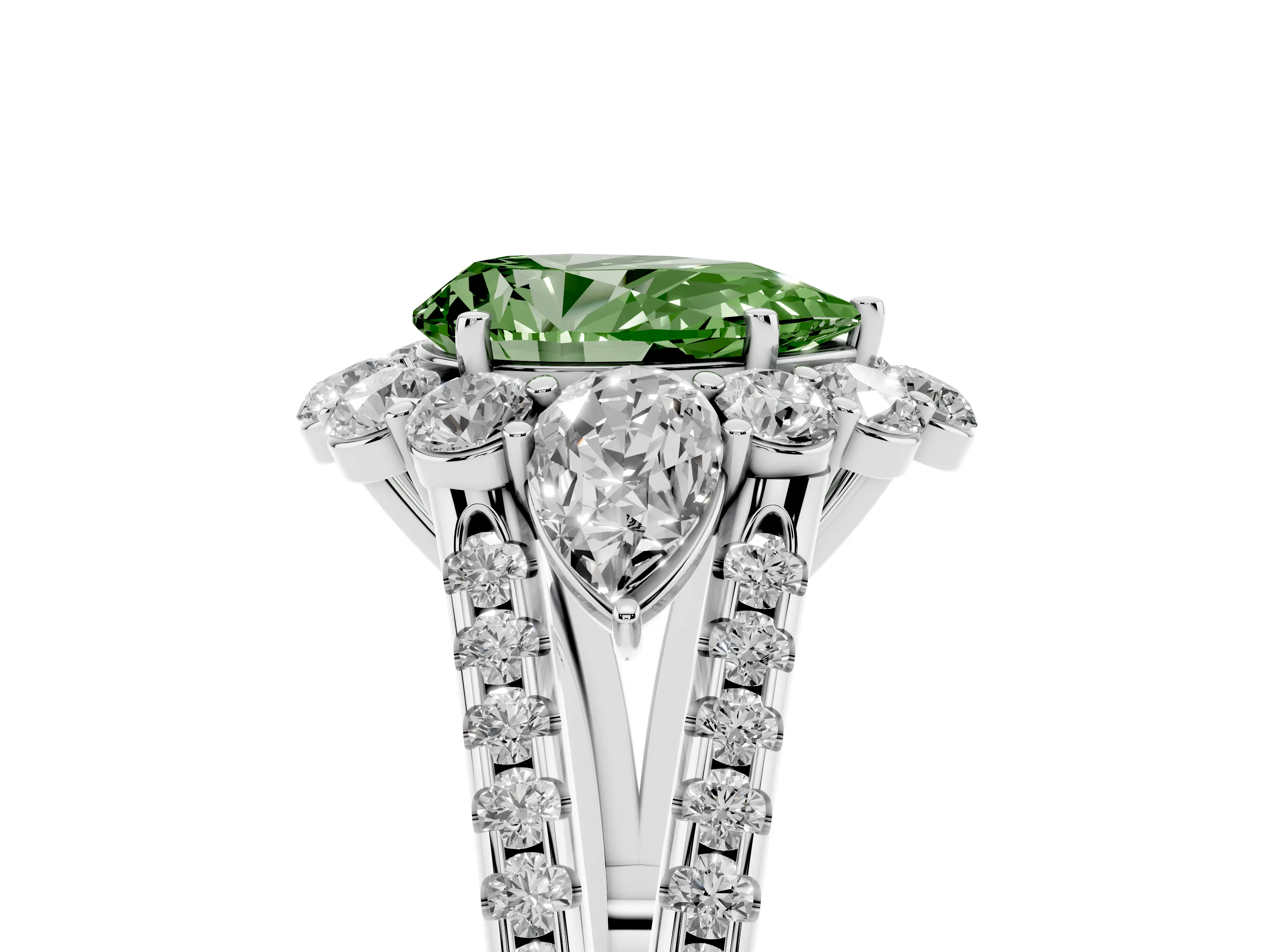 Fancy Green Pear Cut Diamond Halo Split Shank Engagement Ring Set in Platinum with Prong-Held Center Stone