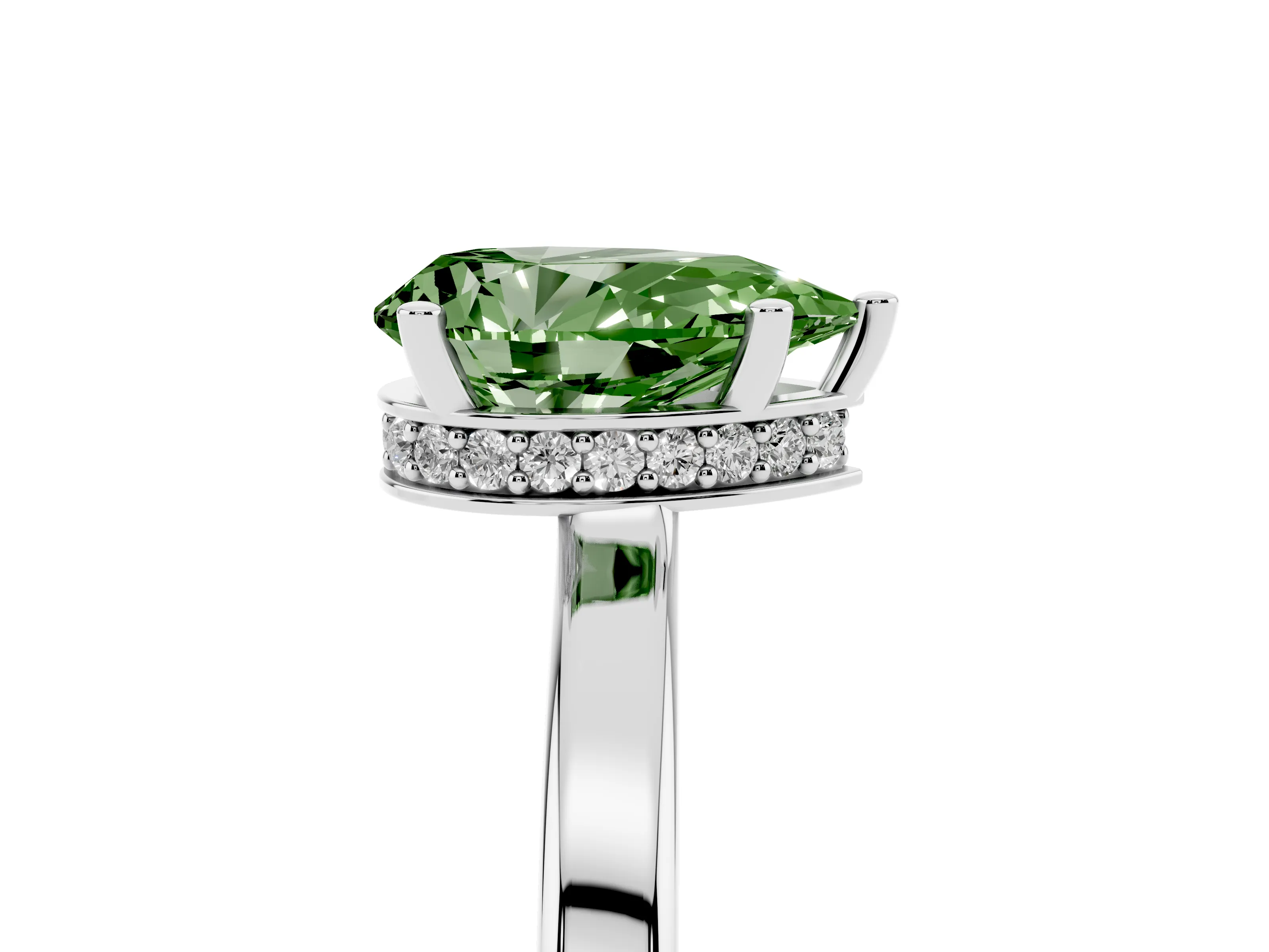 Fancy Green Pear Cut Diamond Solitaire Engagement Ring Set in Platinum with Prong Setting on a Plain Band