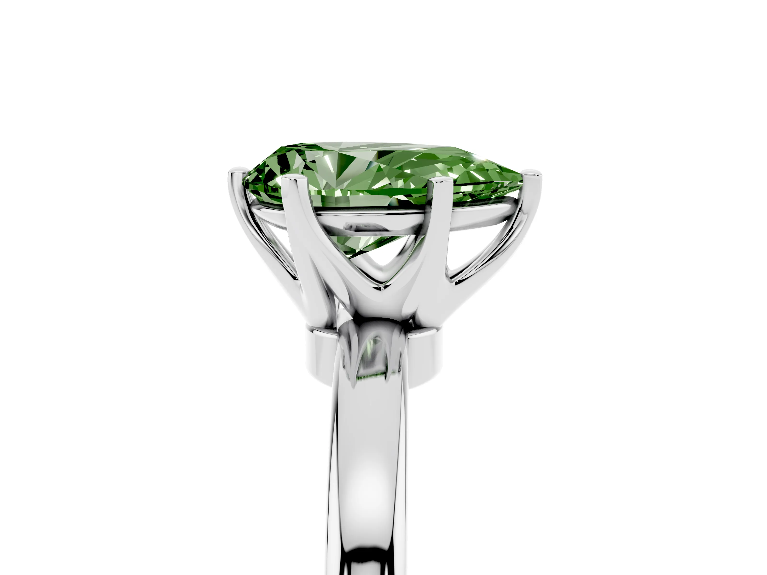 Fancy Green Pear Cut Diamond Solitaire Ring Set in Silver with Raised Prong Setting on a Classic Band