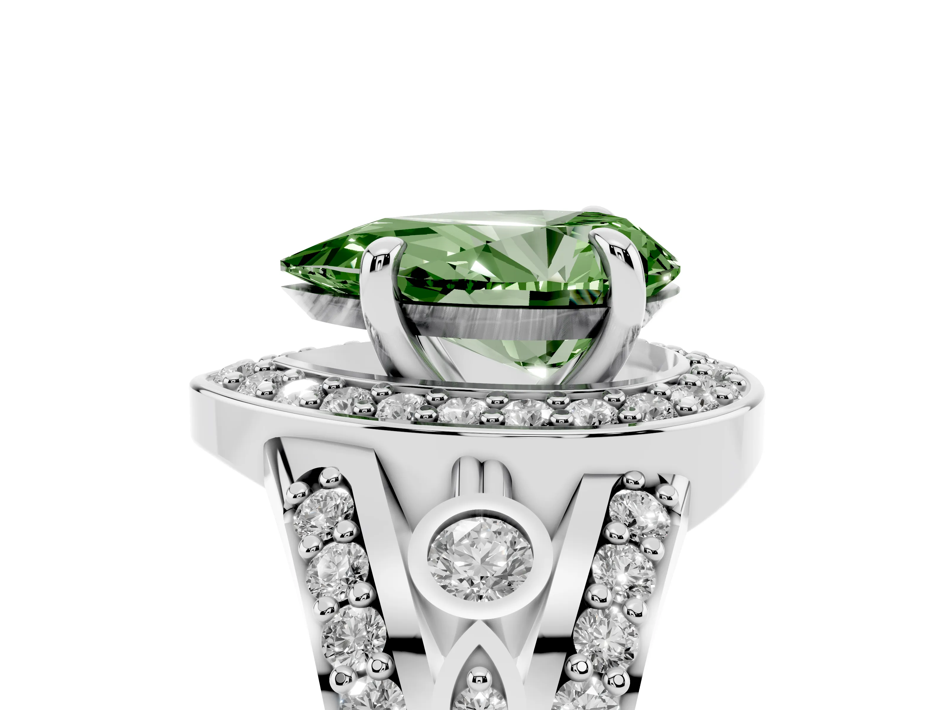 Fancy Green Pear Cut Diamond Halo Ring Set in White gold with Pavé Split Shank and Bezel Accents