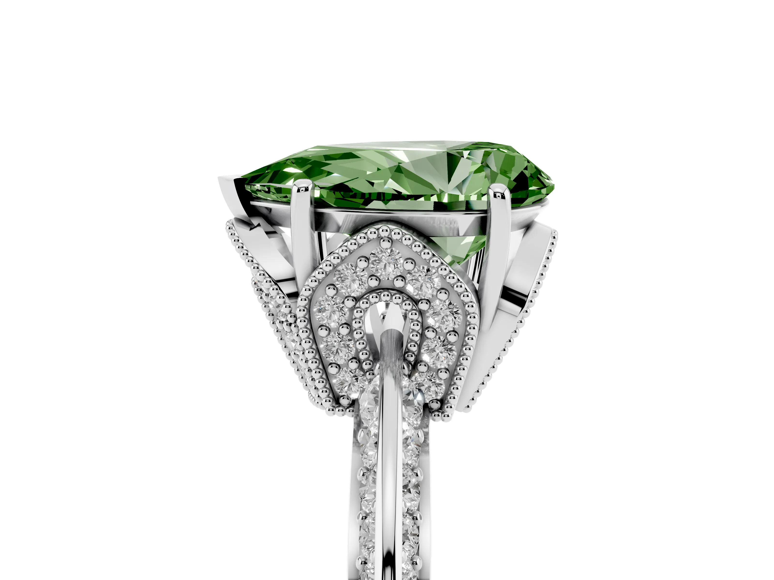 Fancy Green Pear Cut Diamond Solitaire Engagement Ring Set in Silver with Pavé Split Shank and Prong Setting