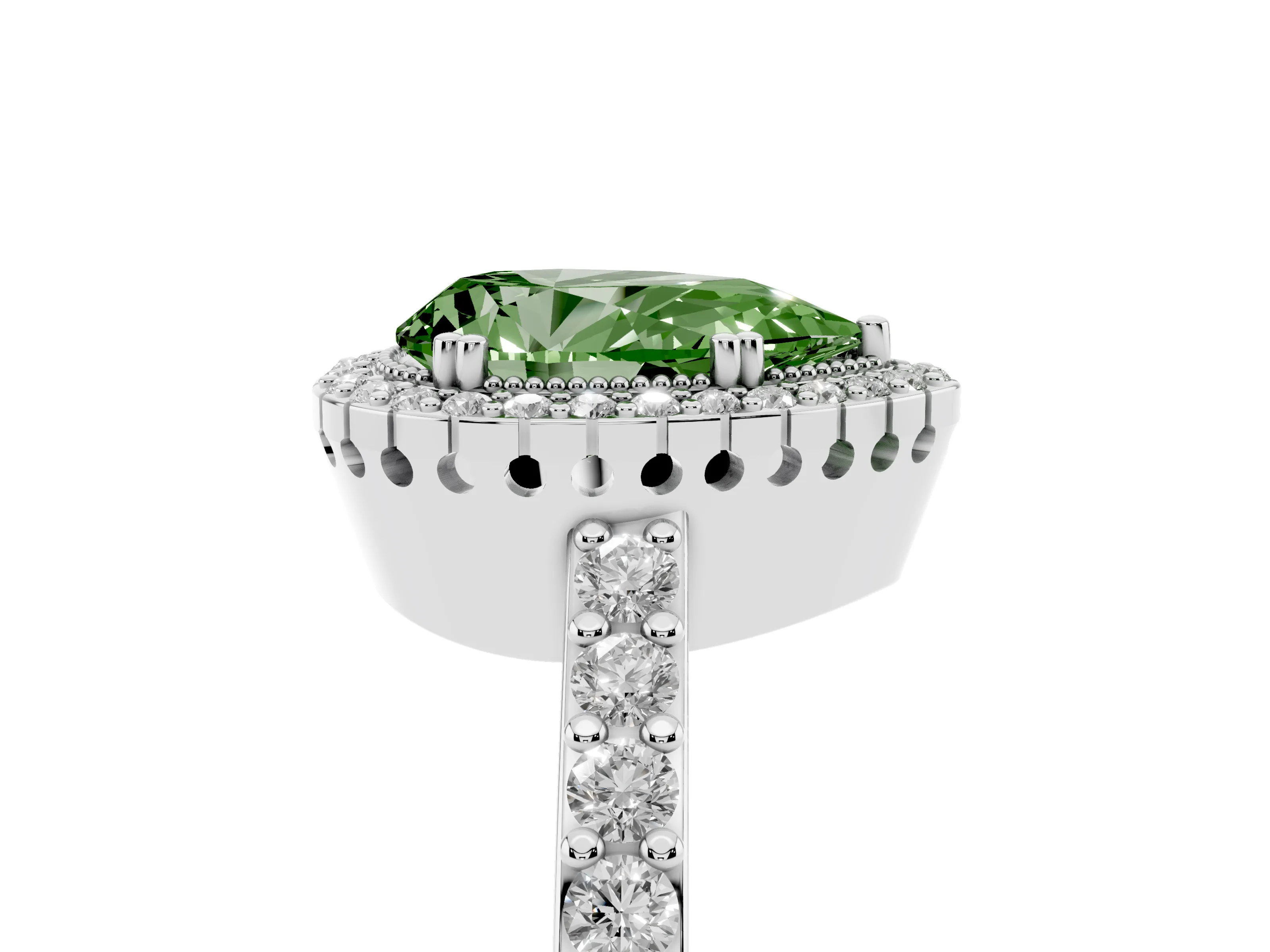 Fancy Green Pear Cut Diamond Halo Engagement Ring Set in Platinum with Milgrain Detail and Pavé Band