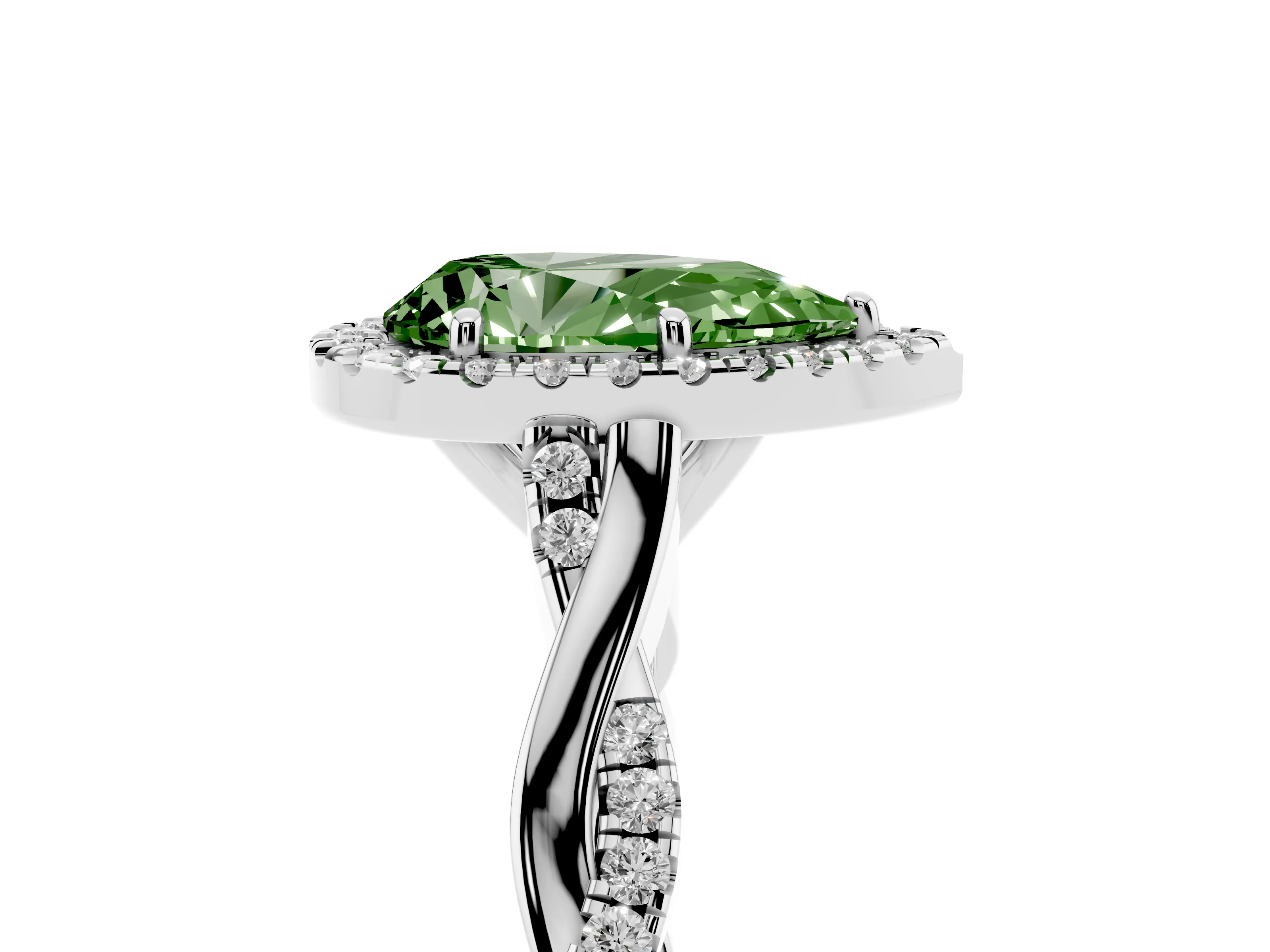 Fancy Green Pear Cut Diamond Halo Twist Band Solitaire Ring Set in White gold with Prong Setting