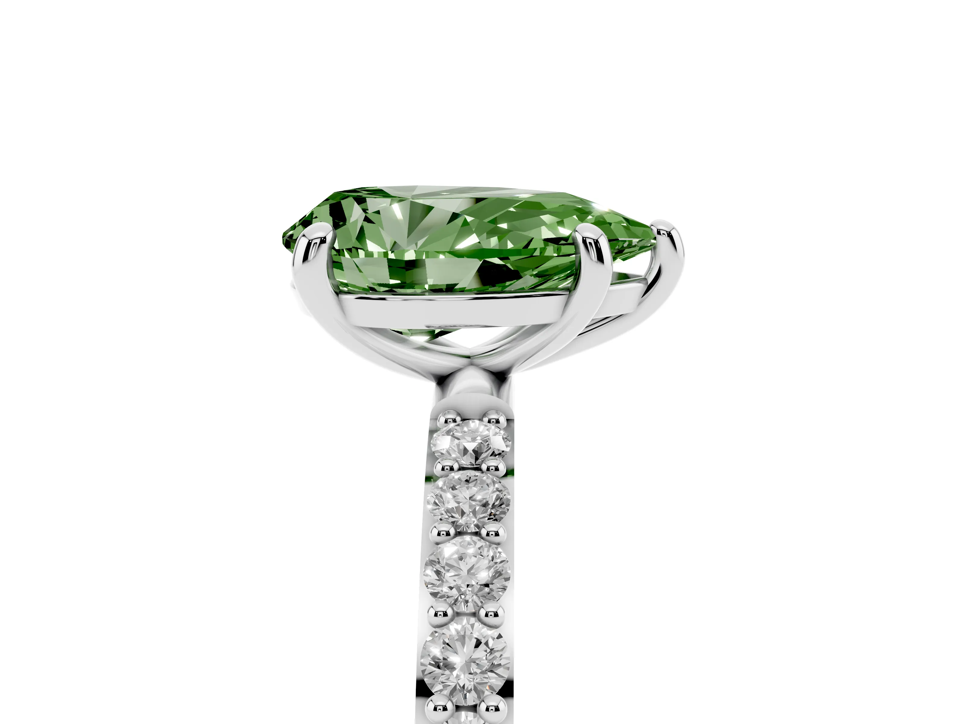 Fancy Green Pear Cut Diamond Solitaire Ring Set in Platinum with Round Pavé Band and Prong Setting