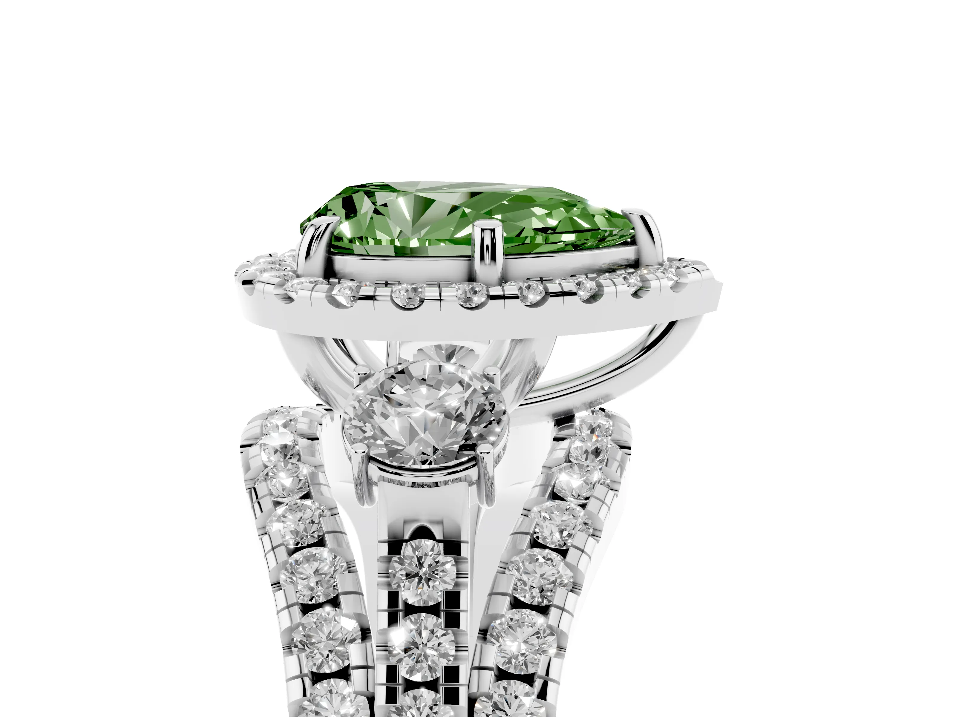 Fancy Green Pear Cut Diamond Halo Split Shank Ring Set in White gold with Round Accent Stones and Prong Setting