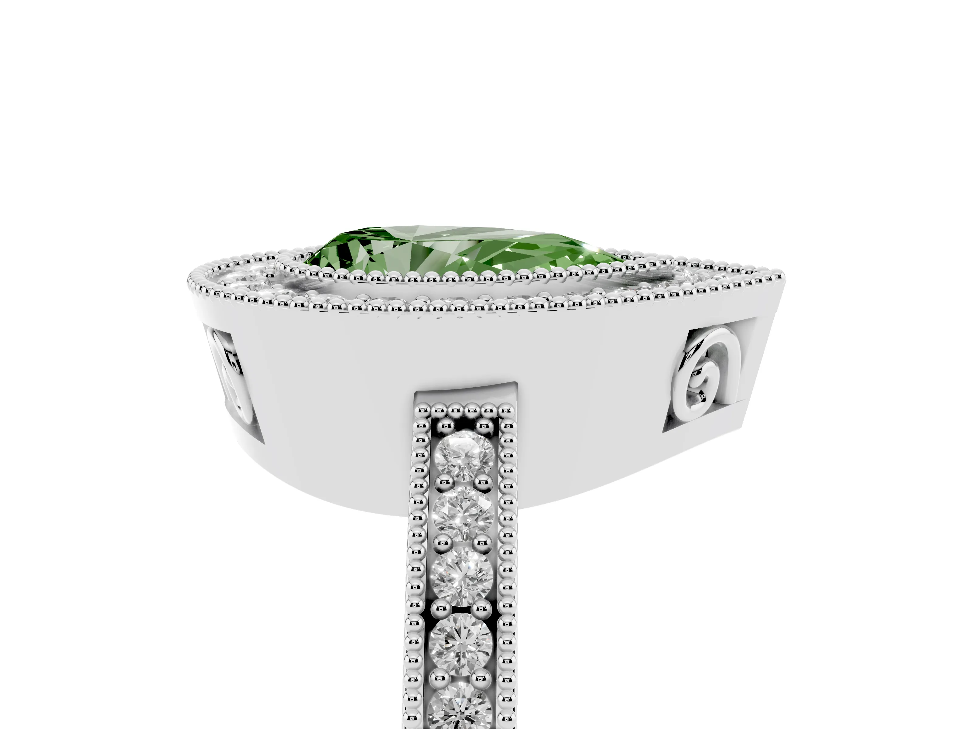 Fancy Green Pear Cut Diamond Round Halo Ring Set in White gold with Pavé Band