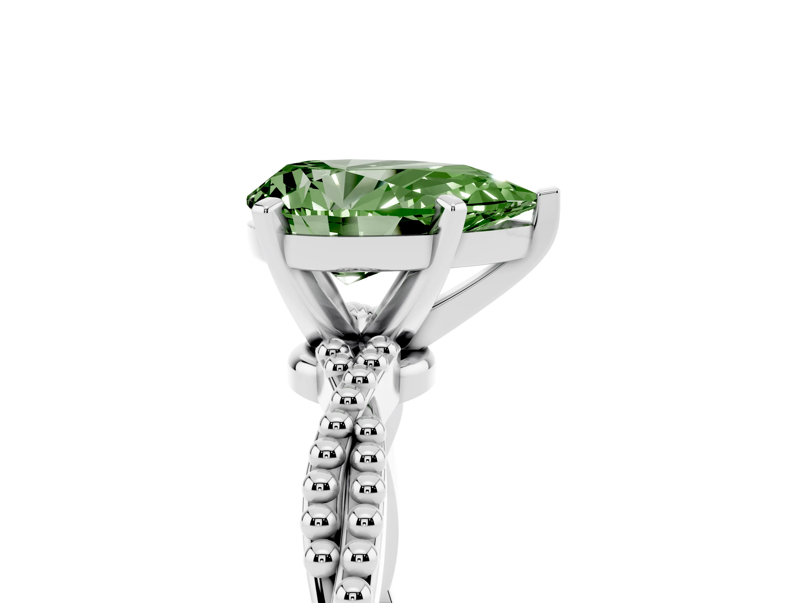 Fancy Green Pear Cut Diamond Solitaire Ring Set in White gold with Twisted Band and Bead Prong Setting