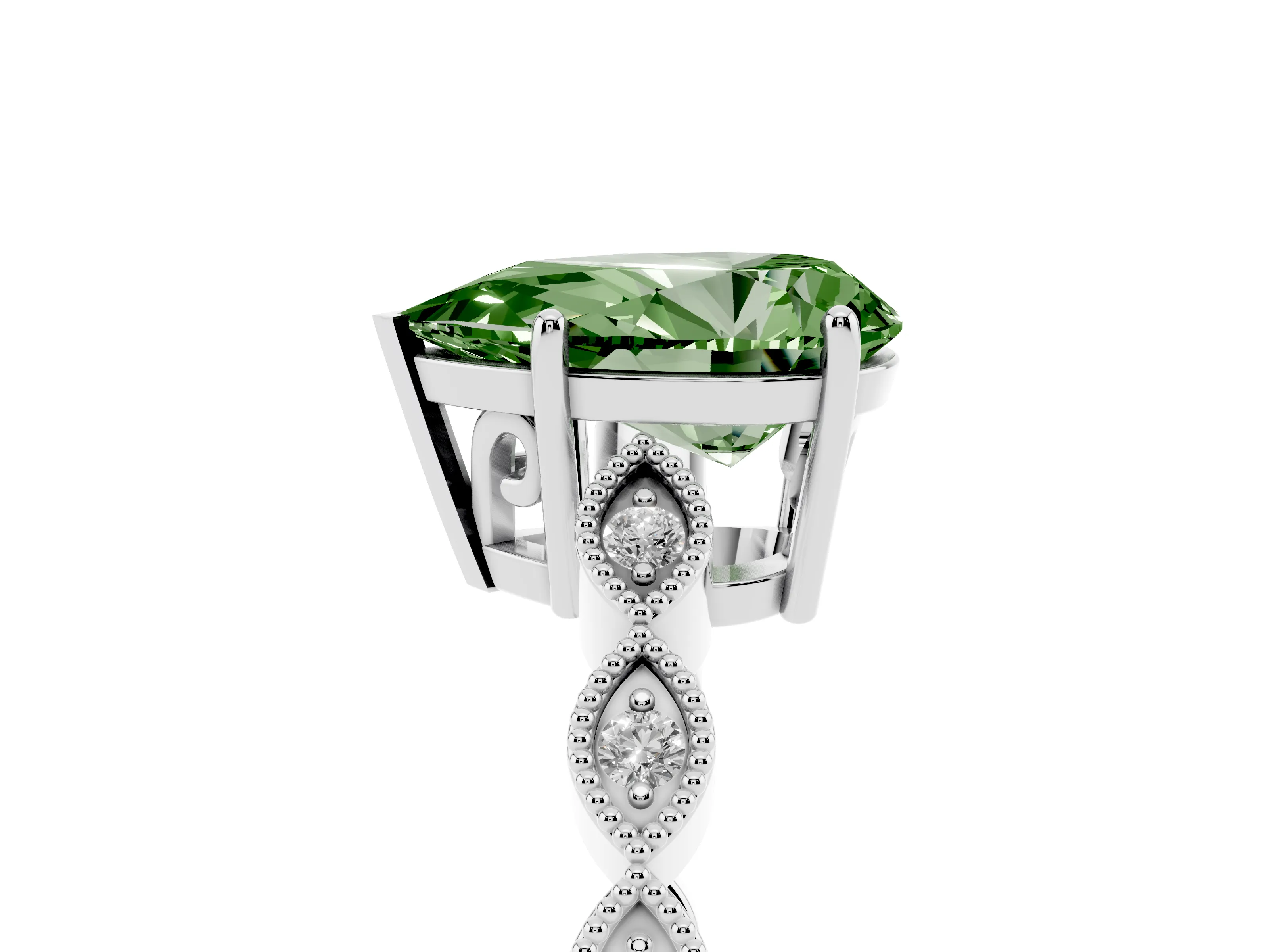 Fancy Green Pear Cut Diamond Solitaire Ring Set in Platinum with Infinity Twist Pavé Band