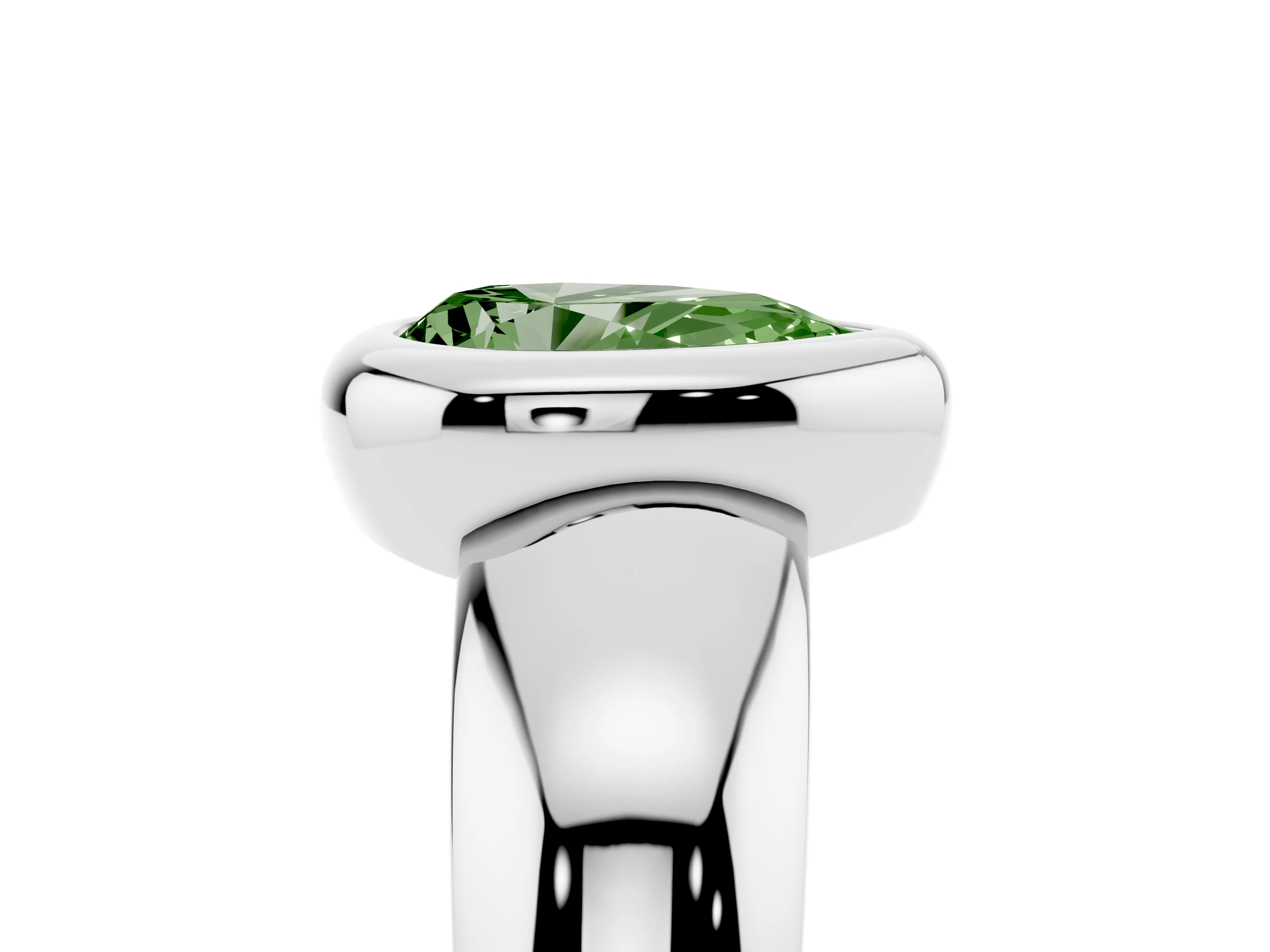 Fancy Green Bezel Set Pear Cut Diamond Solitaire Ring Set in White gold with Wide Band
