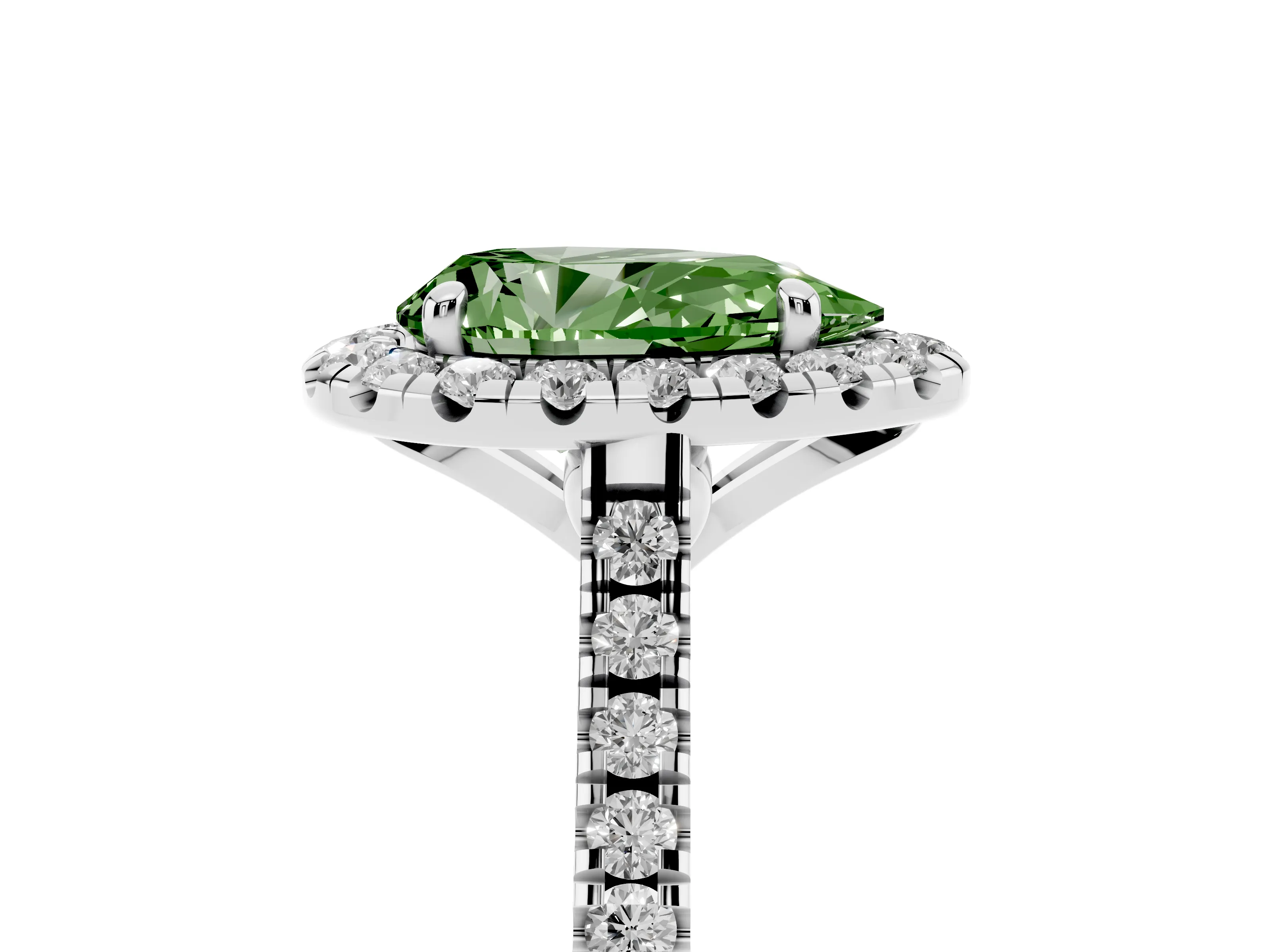 Fancy Green Pear Cut Diamond Cushion Halo Ring Set in White gold with Pavé Band
