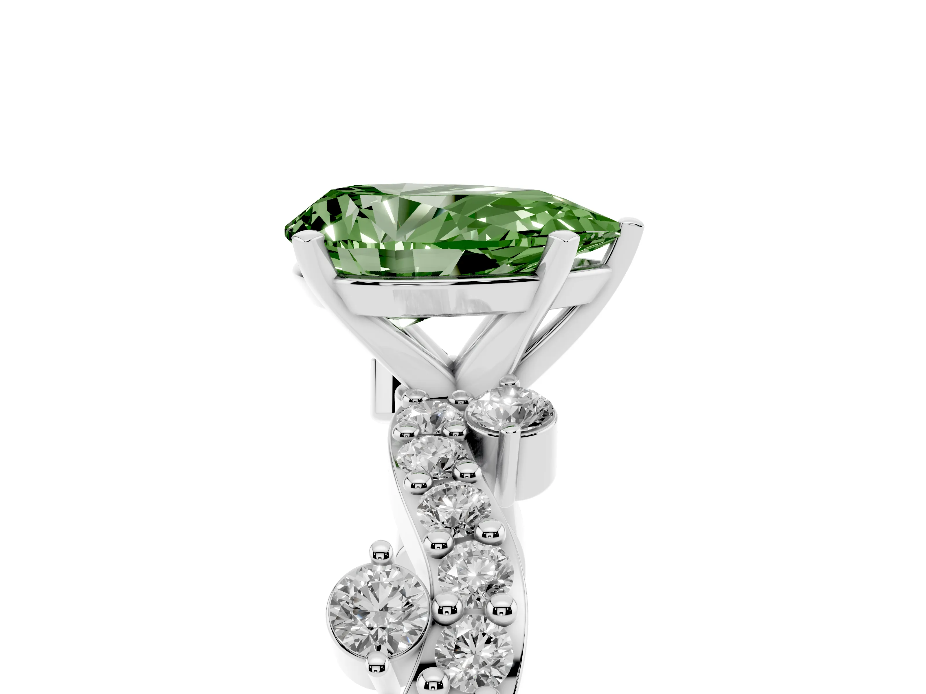 Fancy Green Pear Cut Diamond Solitaire Twisted Band Set in White gold with Pavé Setting