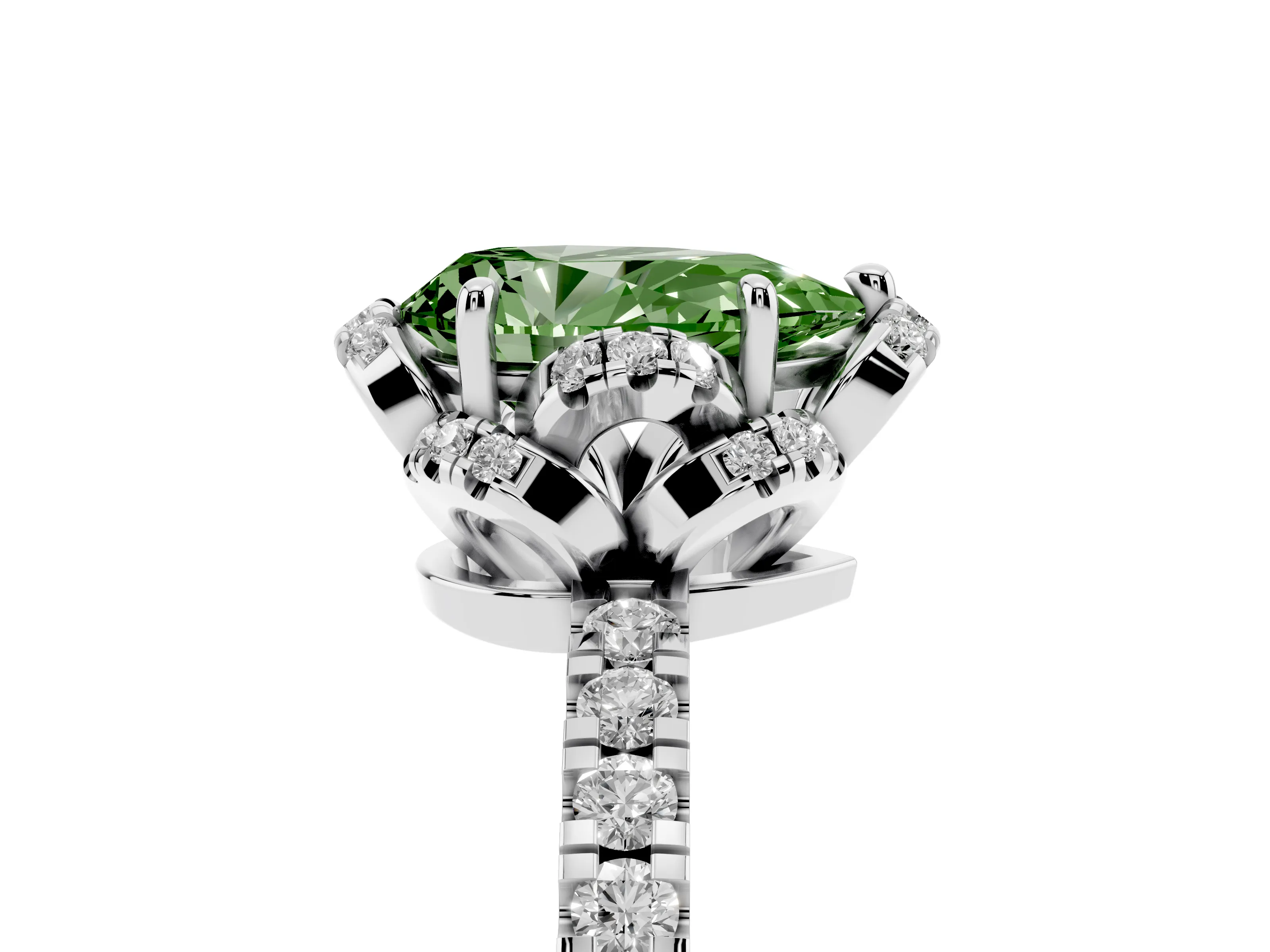 Fancy Green Pear Cut Diamond Halo Pavé Band Ring Set in Platinum with Prong-Held Center
