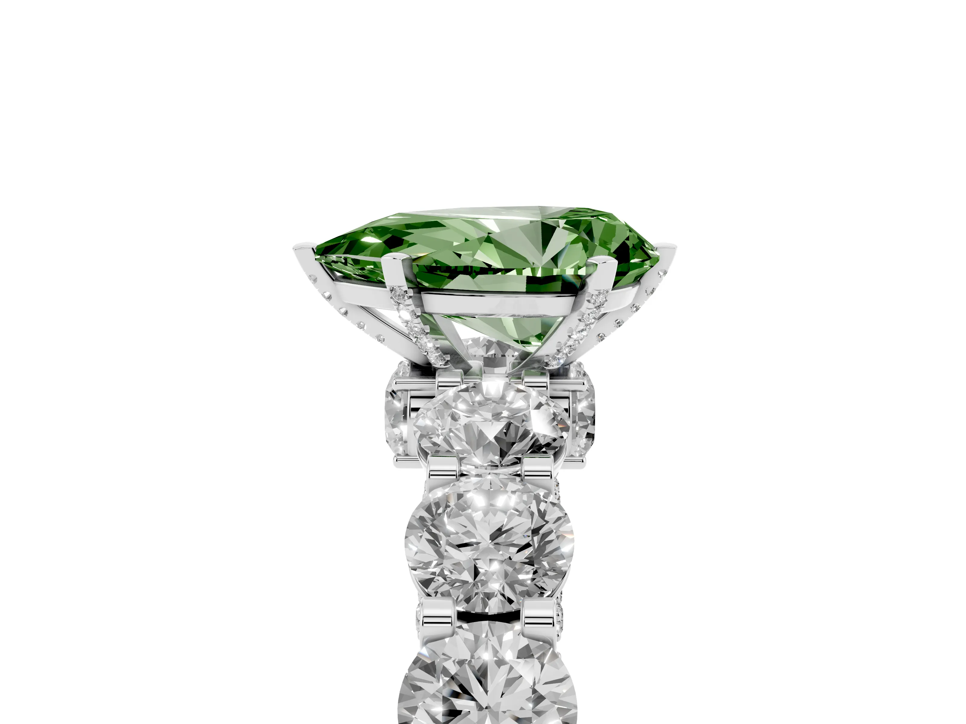 Fancy Green Pear Cut Diamond Side Stone Ring Set in Platinum with Alternating Round and Oval Side Stones