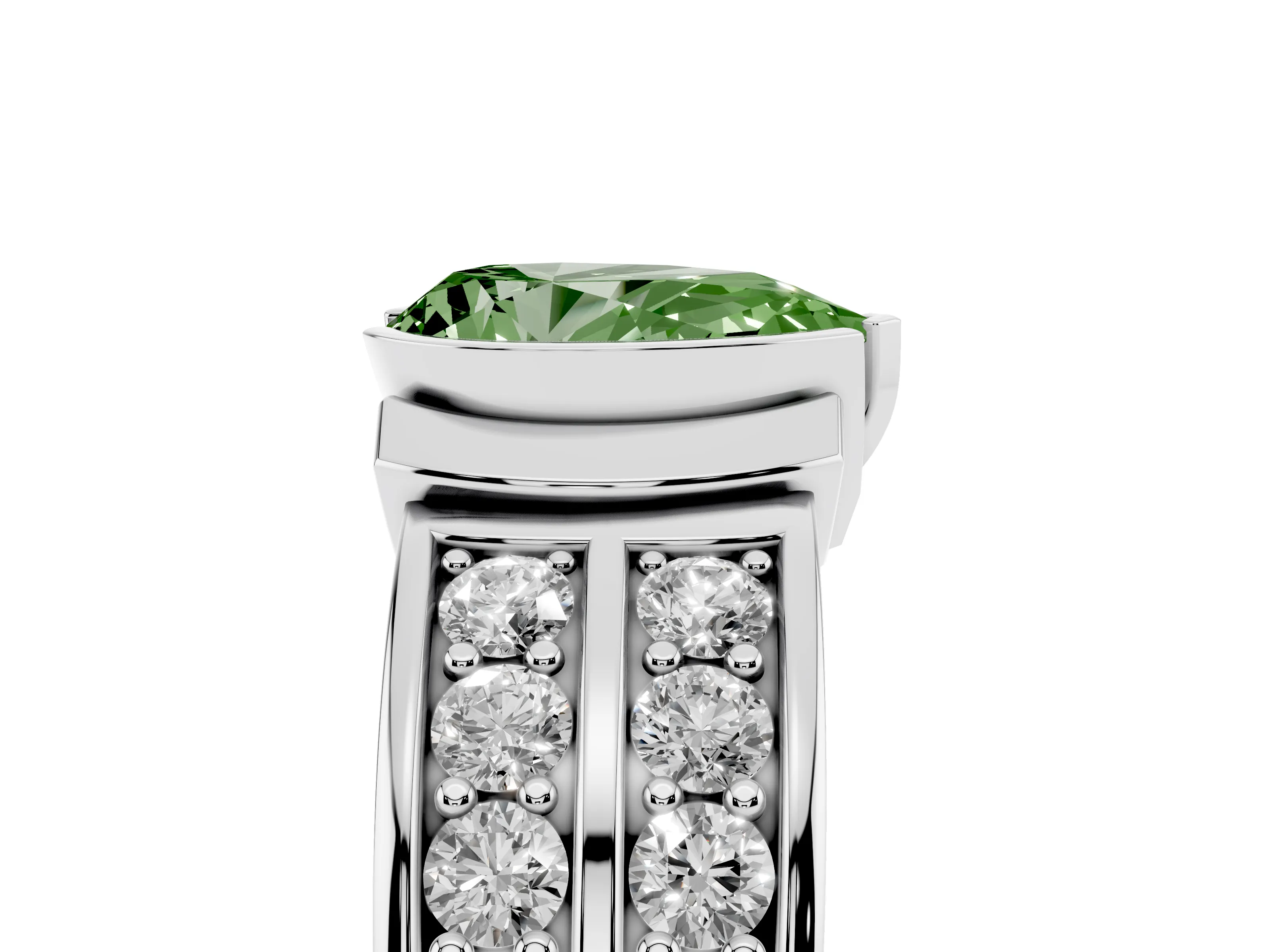 Fancy Green Pear Cut Diamond Wide Channel Set Band Ring Set in Silver with Bezel Setting
