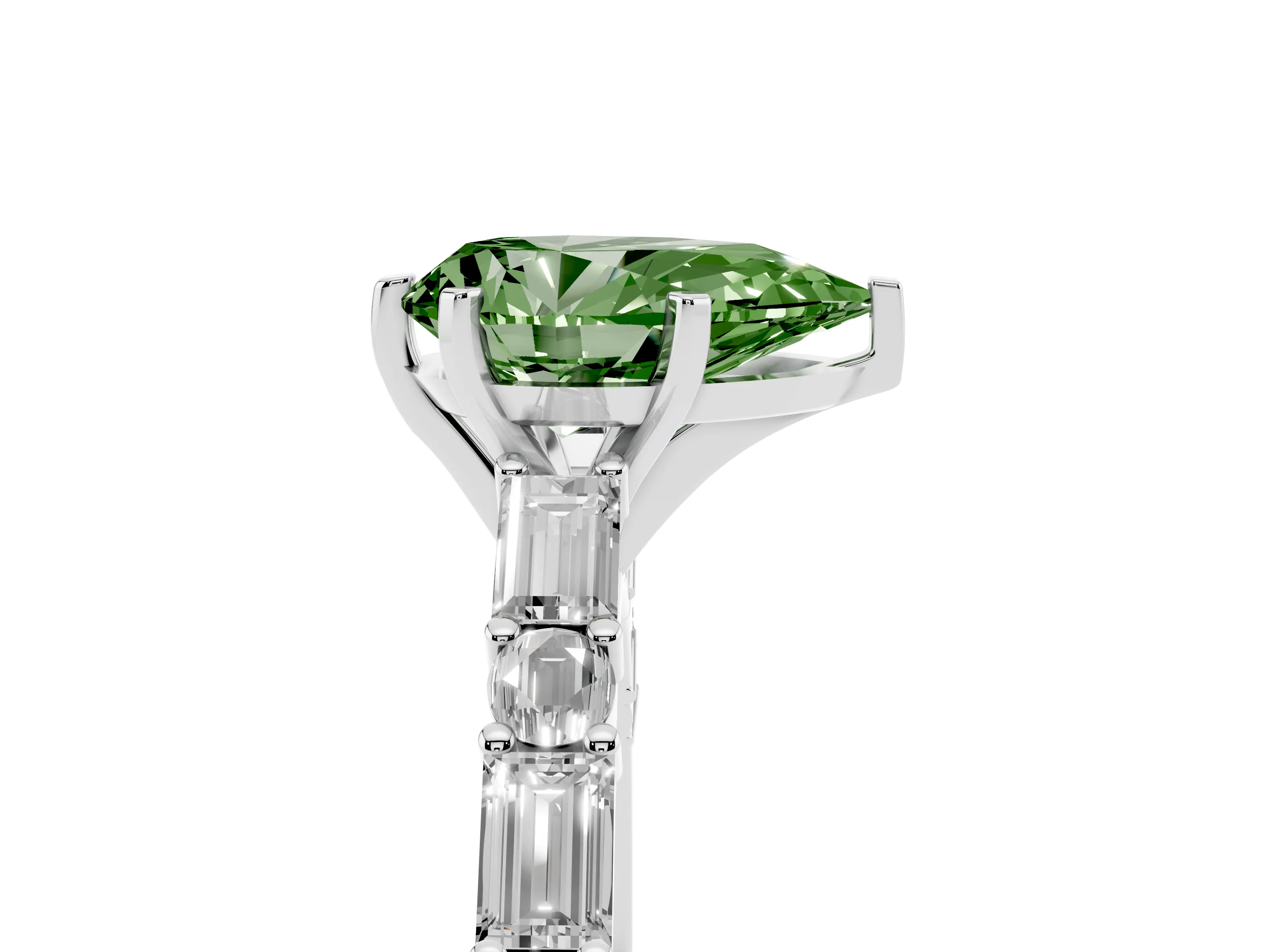Fancy Green Pear Cut Diamond Solitaire Set in Platinum with Side Baguettes and Channel Set Band