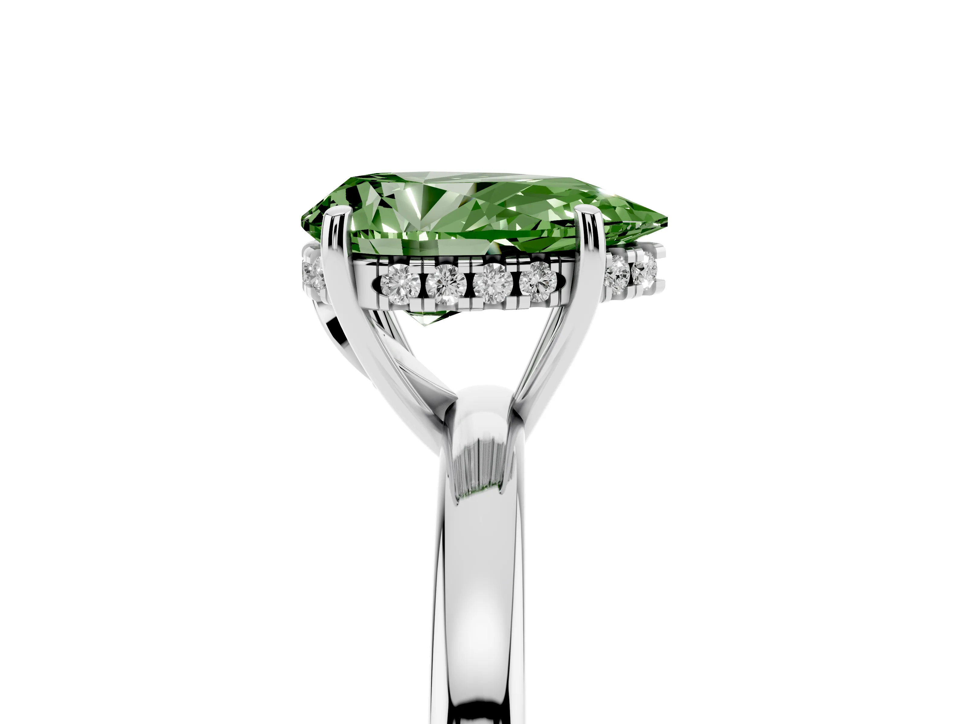 Fancy Green Pear Cut Diamond Solitaire Ring Set in Silver with Plain Band and Prong Setting