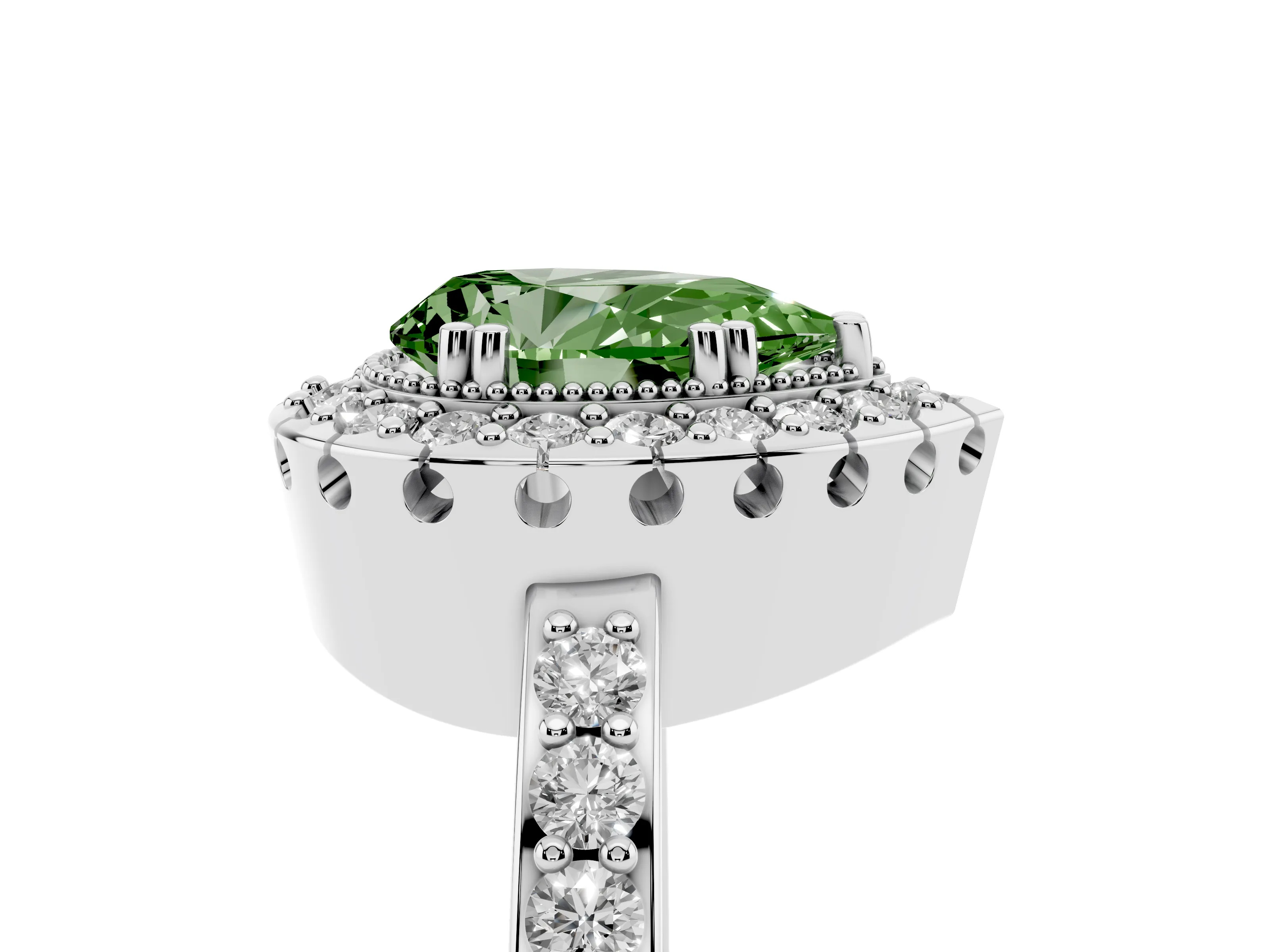 Fancy Green Pear Cut Diamond Halo Ring Set in White gold with Pavé Shank and Prong Setting
