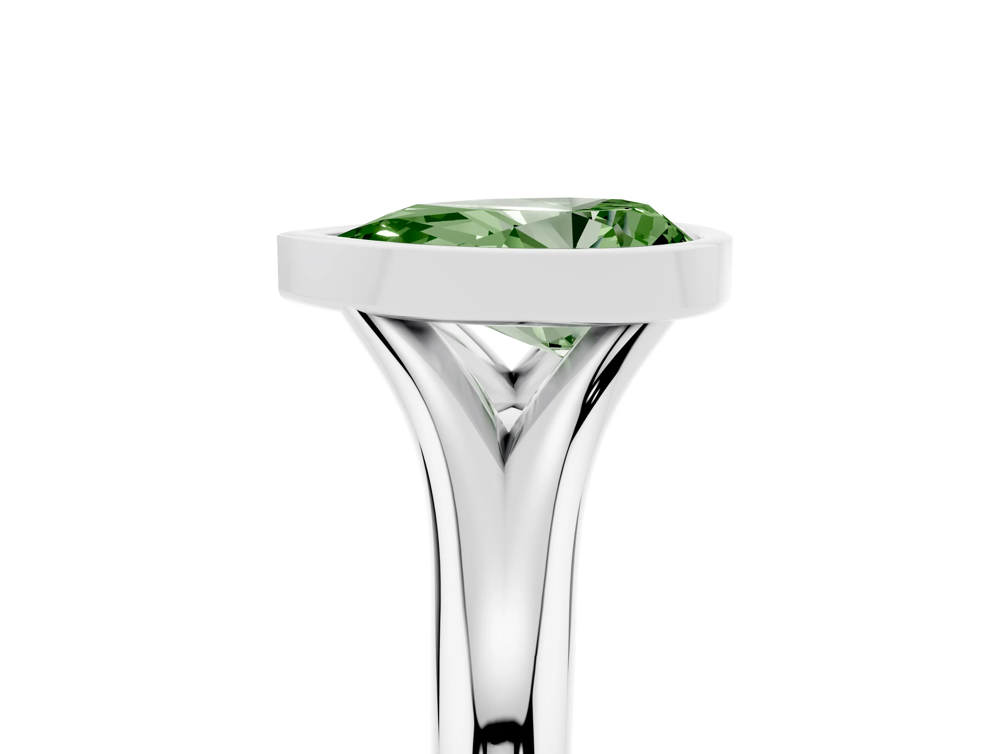 Fancy Green Bezel Set Pear Cut Diamond Solitaire Ring Set in White gold with Smooth Band