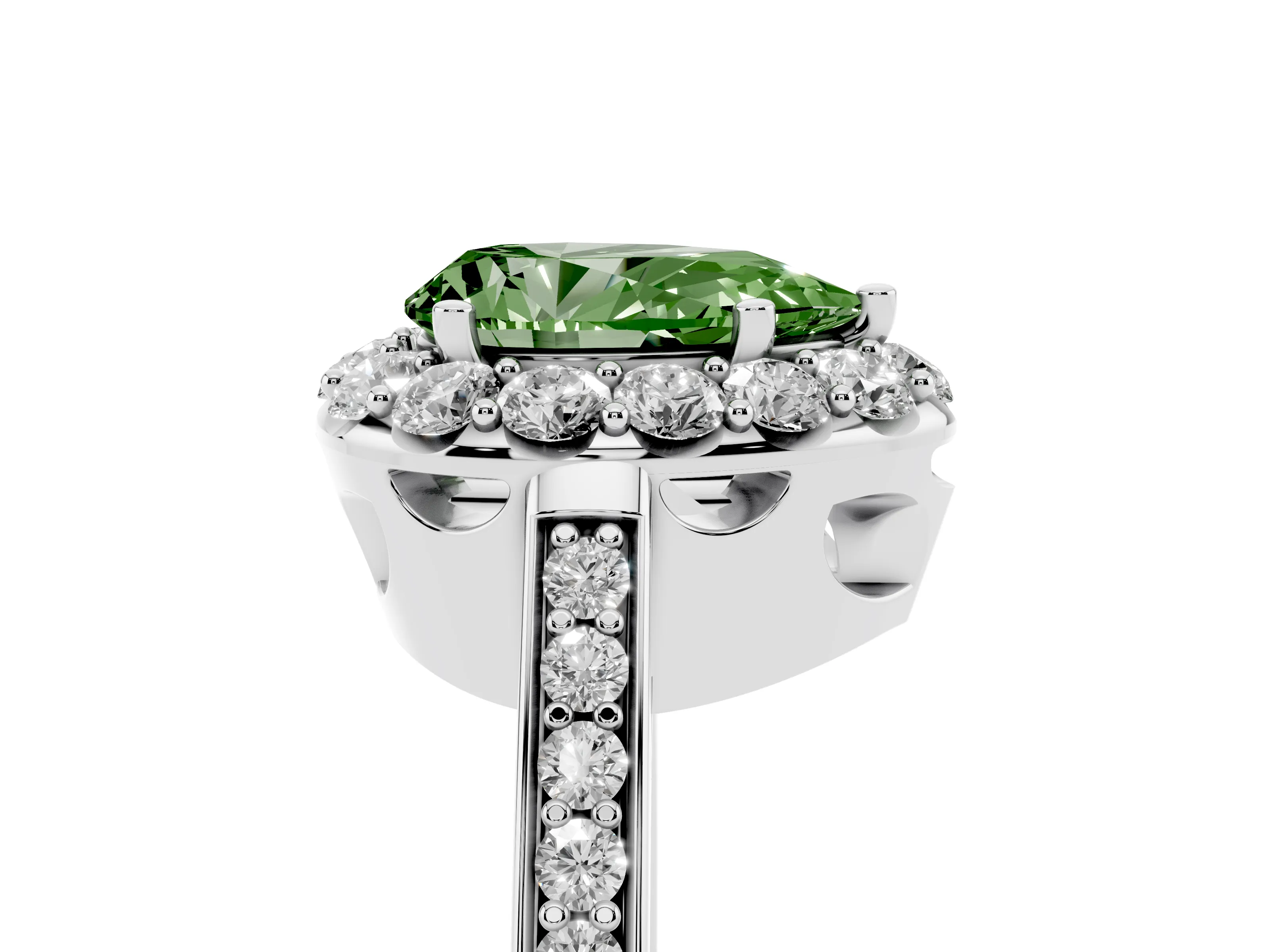 Fancy Green Pear Cut Diamond Floral Halo Ring Set in White gold with Pavé Band and Prong Setting