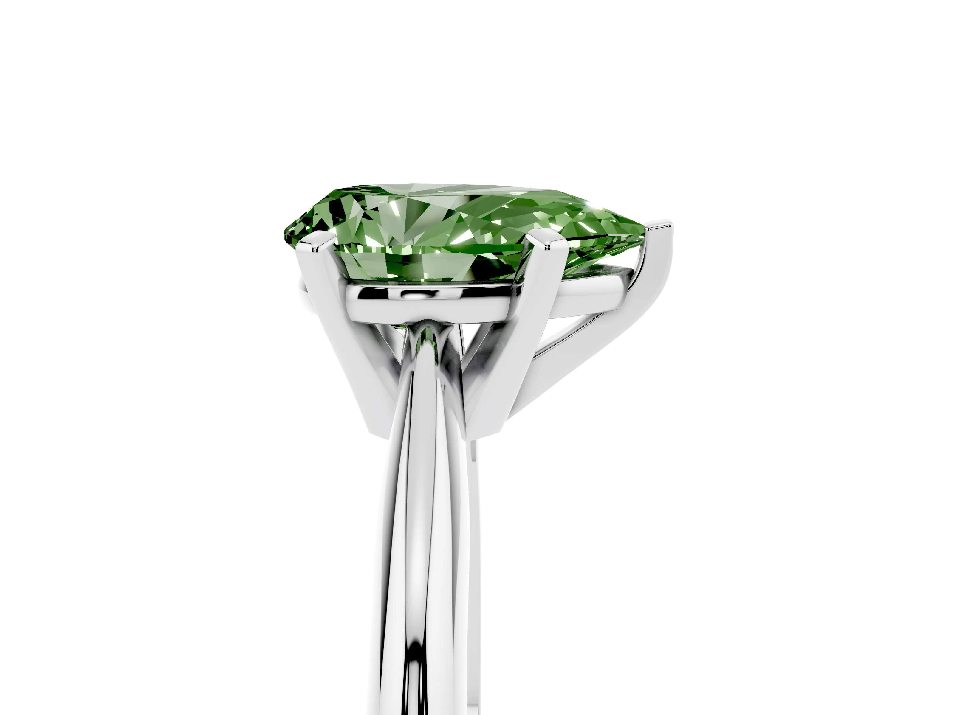 Fancy Green Pear Cut Diamond Solitaire Ring Set in Silver with Prong Setting on a Plain Round Band