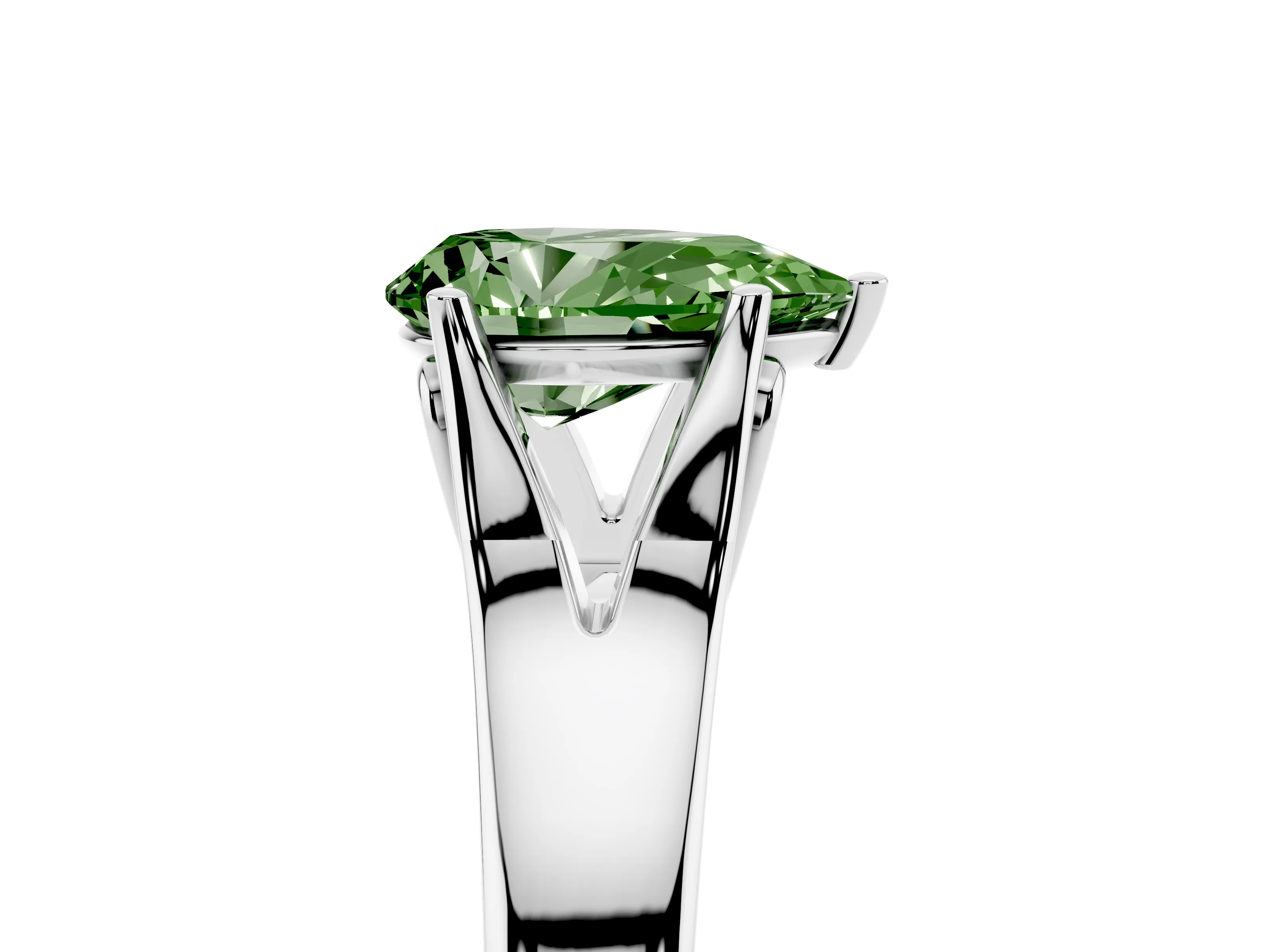 Fancy Green Pear Cut Diamond Solitaire Ring Set in White gold with Arched Cathedral Band and Prong Setting