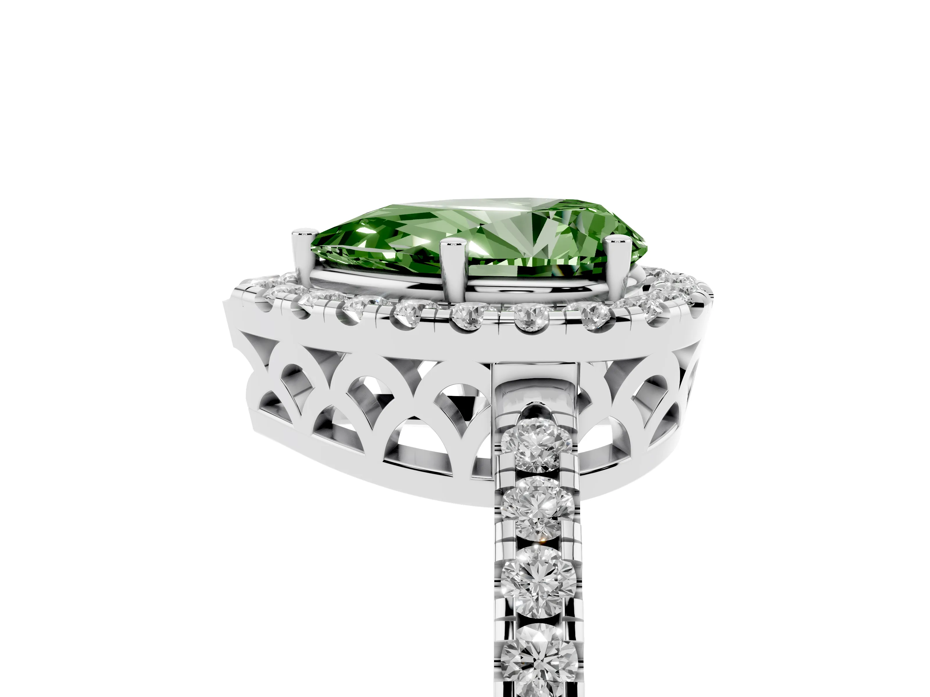 Fancy Green Pear Cut Diamond Pavé Band Halo Engagement Ring Set in Silver with Prong Setting