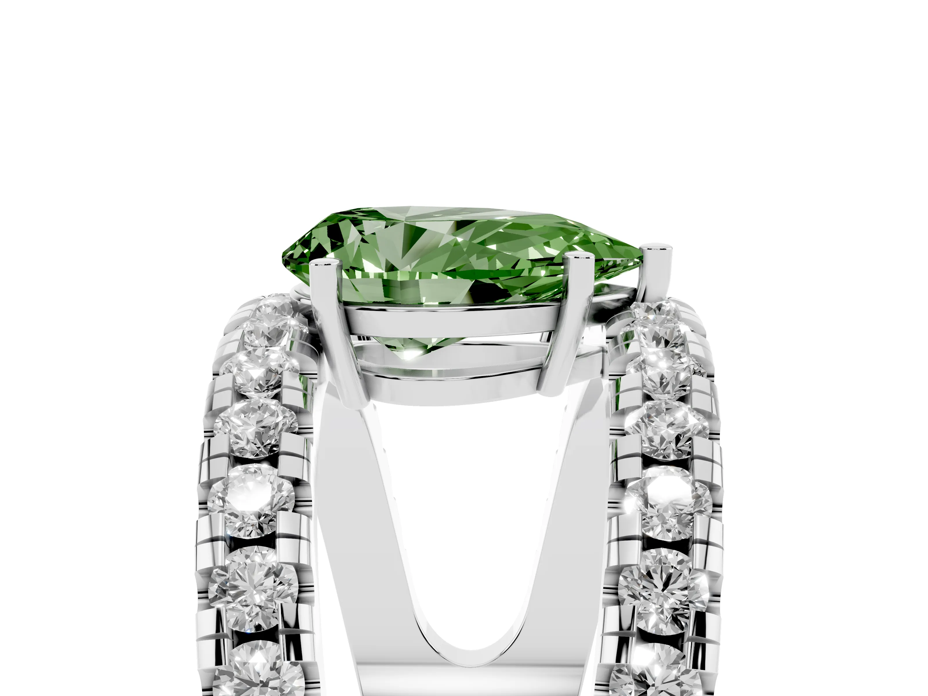 Fancy Green Pear Cut Diamond Split Shank Pavé Solitaire Ring Set in Platinum with Open Shank Design