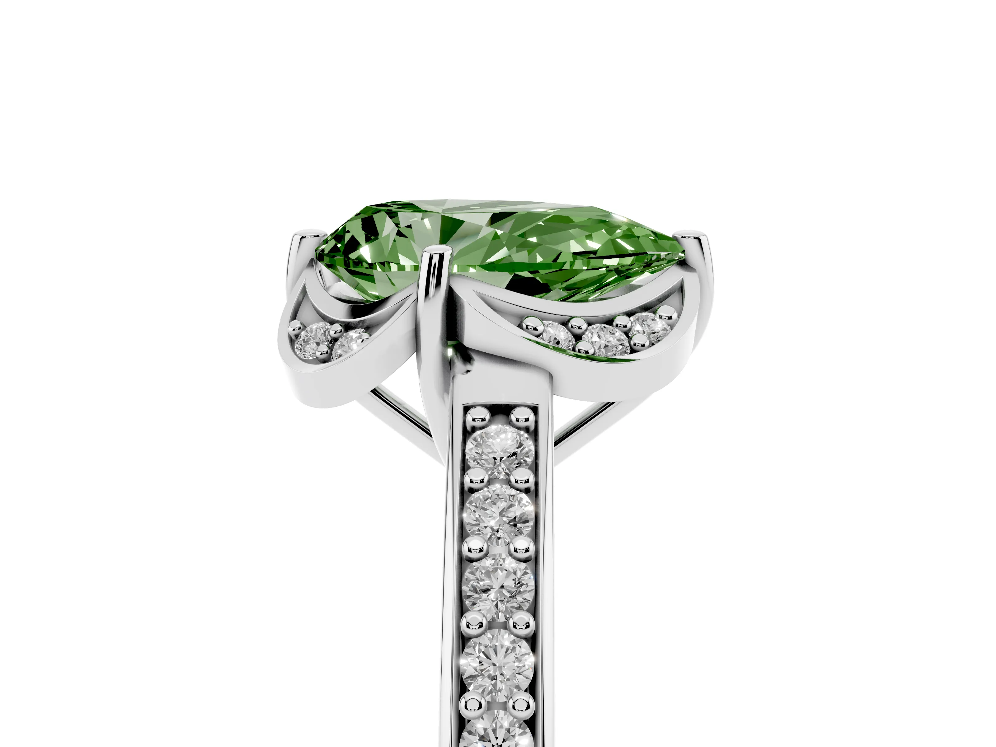 Fancy Green Pear Cut Diamond Halo Ring Set in Silver with Channel Set Band and Prong Setting
